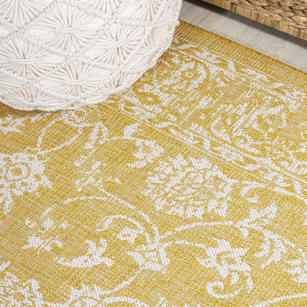 Jonathan Y Smb100E-210 Tela Bohemian Textured Weave Floral Indoor Outdoor Area Rug, Coastal Traditional Transitional Easy Cleaning,Bedroom,Kitchen,Backyard,Patio,Non Shedding 2 X 10, Yellow/Cream