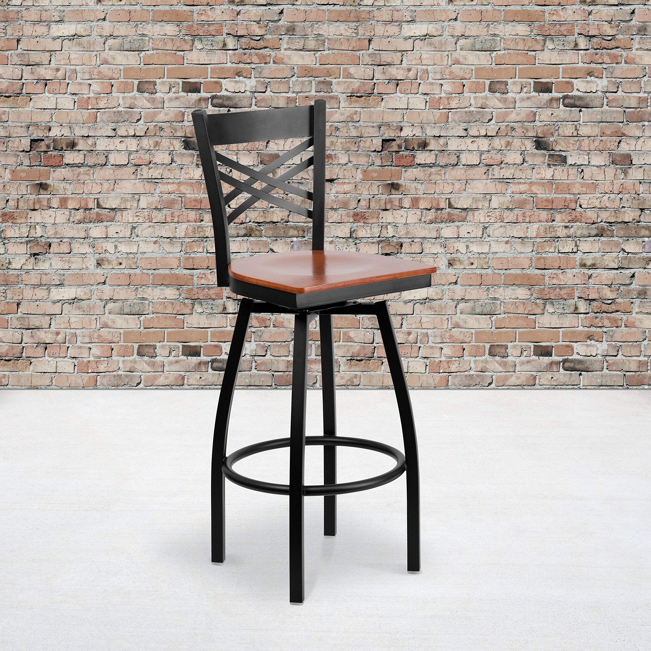 Flash Furniture Hercules Series Black ''X'' Back Swivel Metal Barstool - Cherry Wood Seat