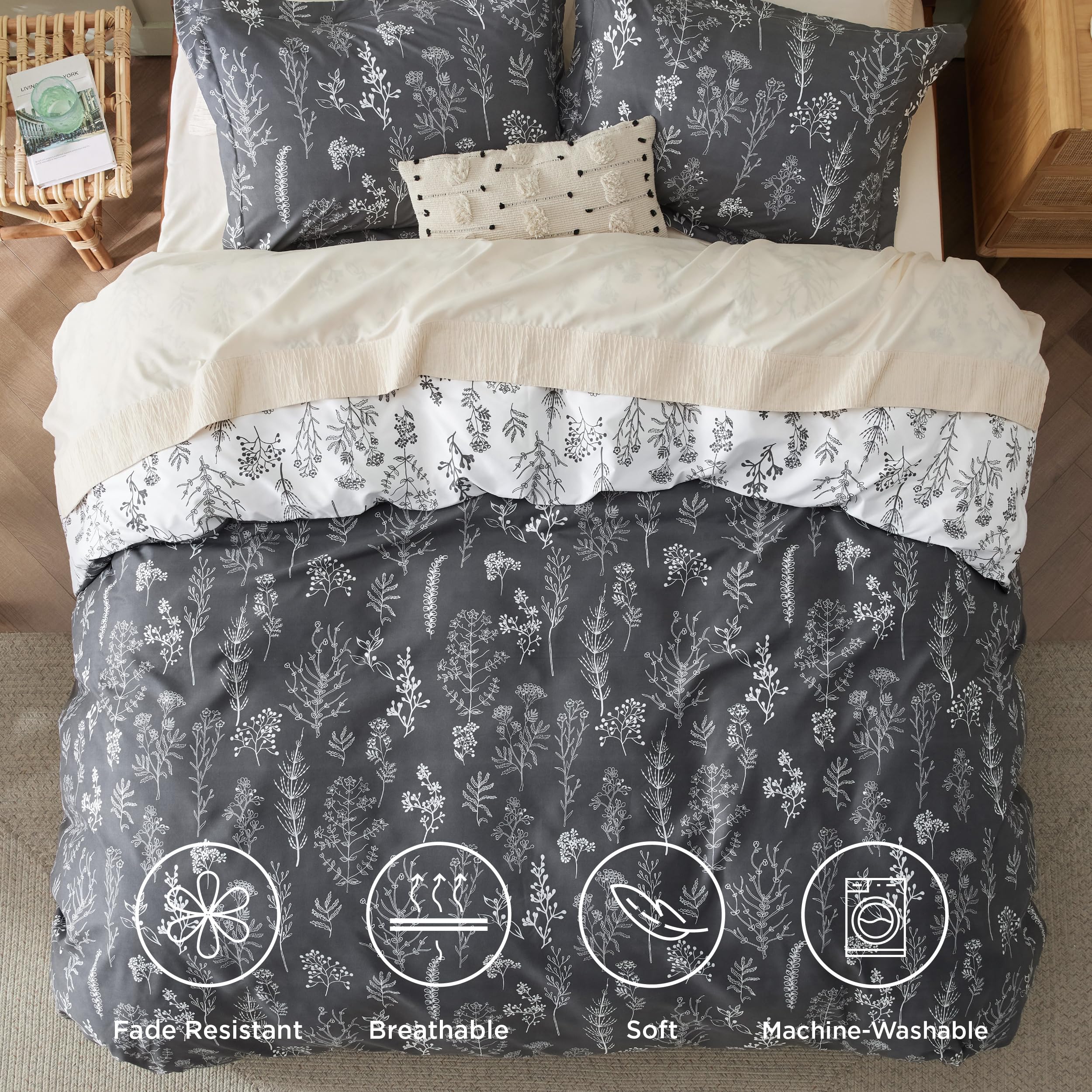 Bedsure Duvet Cover King Size - Reversible Floral Duvet Cover Set With Zipper Closure, Dark Grey Bedding Comforter Cover, 3 Pieces, 1 Duvet Cover 104'X90' And 2 Pillow Shams 20'X36'