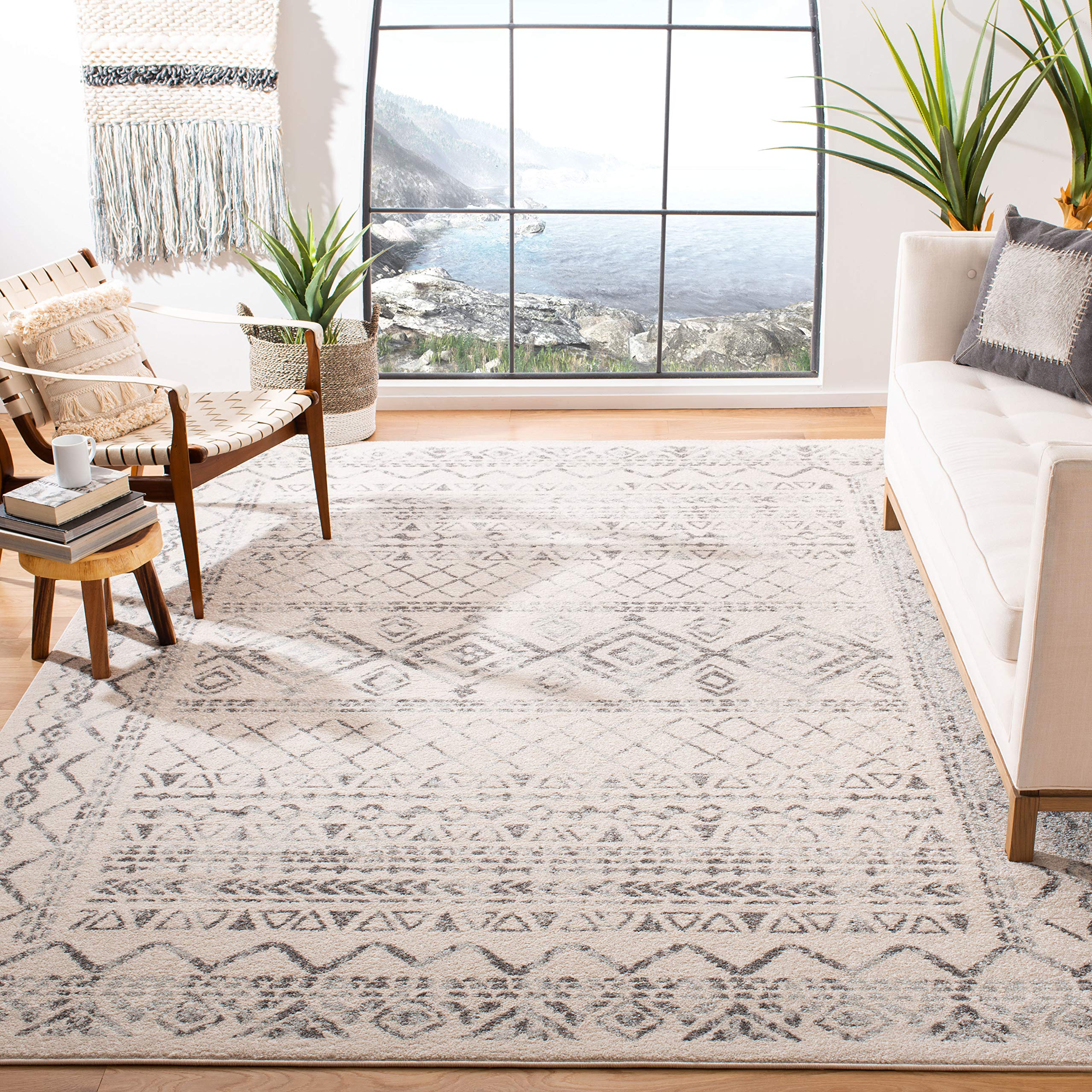 SAFAVIEH Tulum Collection 67 Square Ivory/Grey TUL268A Moroccan Boho Distressed Non-Shedding Living Room Bedroom Dining Home Of