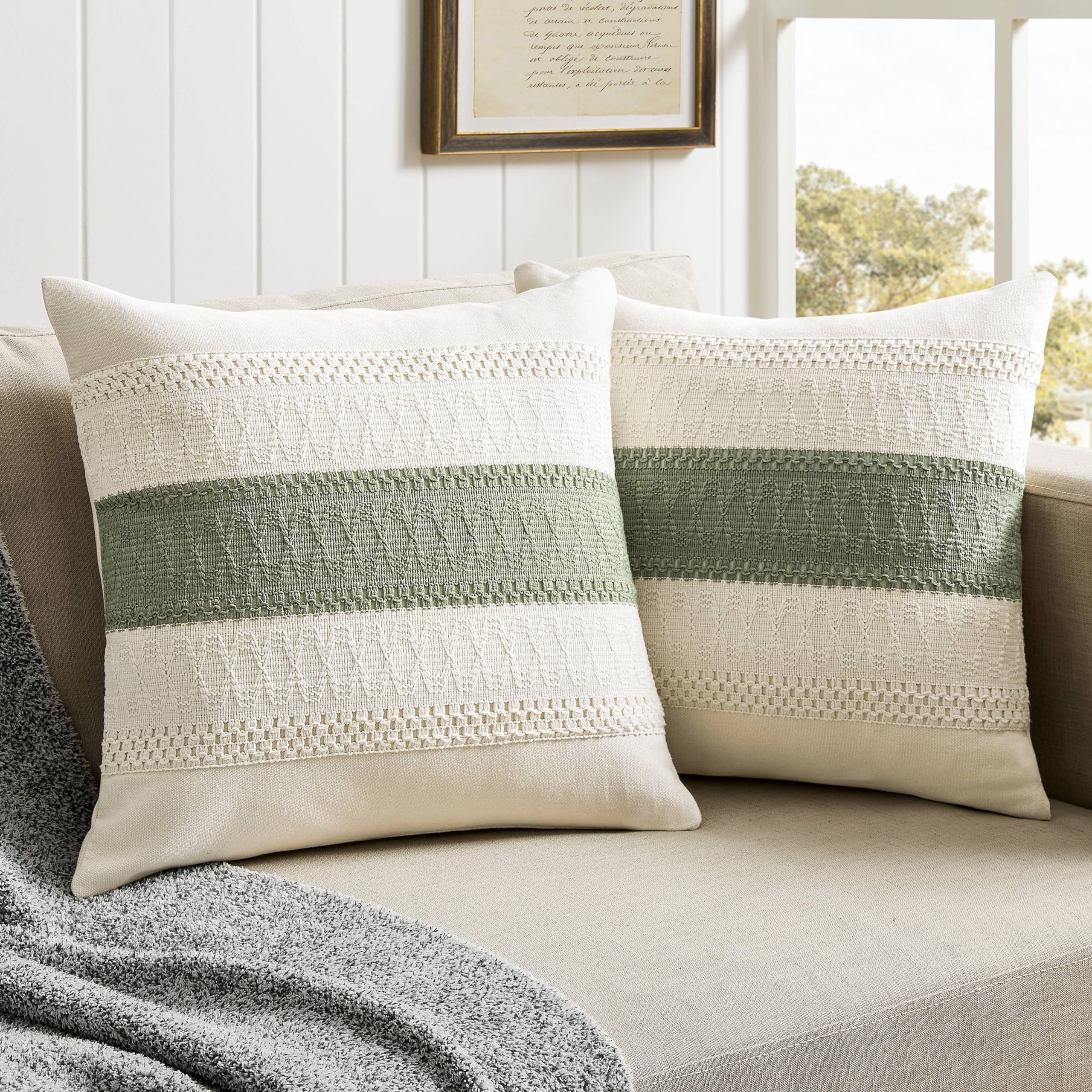 Zeemart 2 Packs Cotton Boho Throw Pillow Covers 18X18 Inch Contrast Green, Soft Farmhouse Decorative Couch Pillow Cases Sage Gre