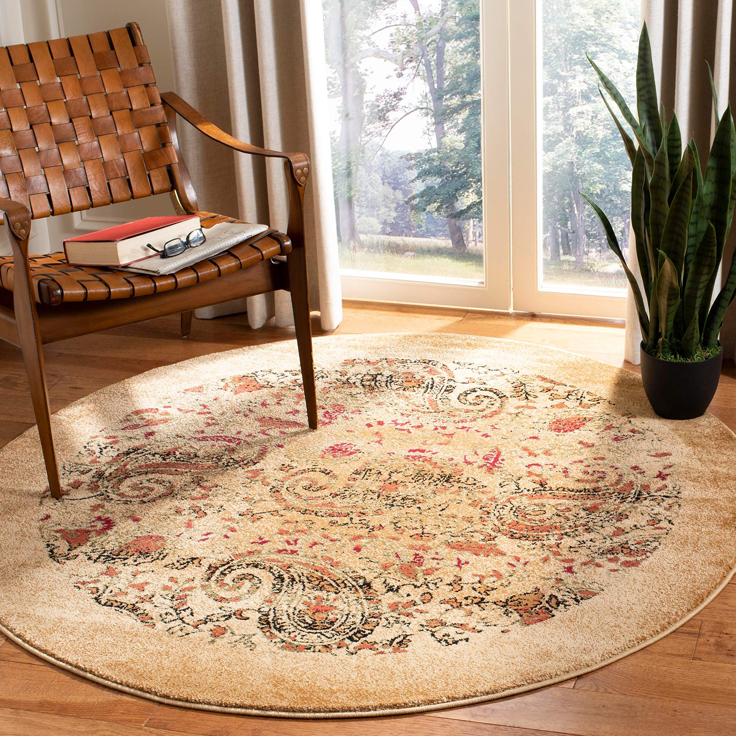SAFAVIEH Lyndhurst Collection Area Rug - 7 Round, Beige & Multi, Traditional Paisley Design, Non-Shedding & Easy Care, Ideal fo