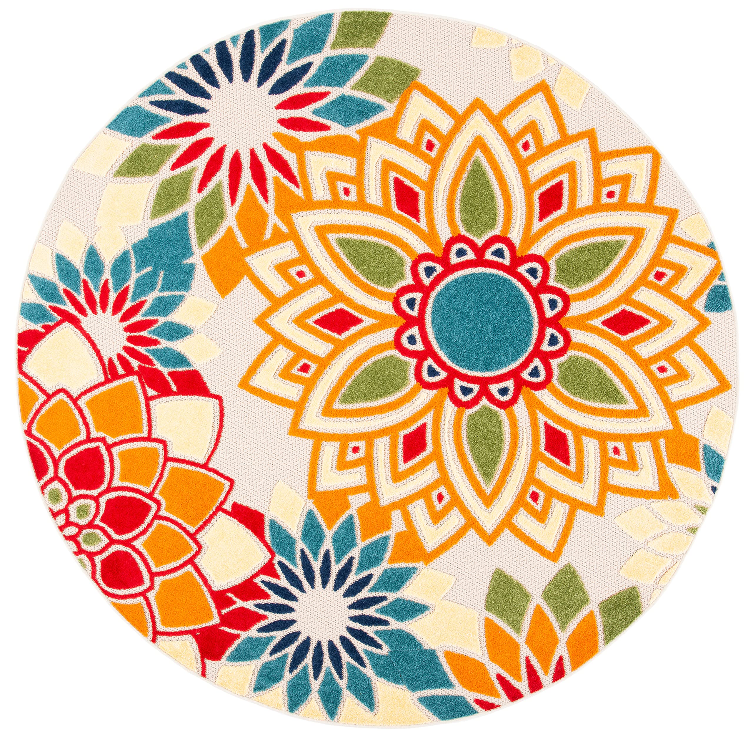 Safavieh Cabana Collection 6'7' Round Ivory/Orange Cbn328A Floral Indoor/ Outdoor Non-Shedding Easy-Cleaning Patio Backyard Dec
