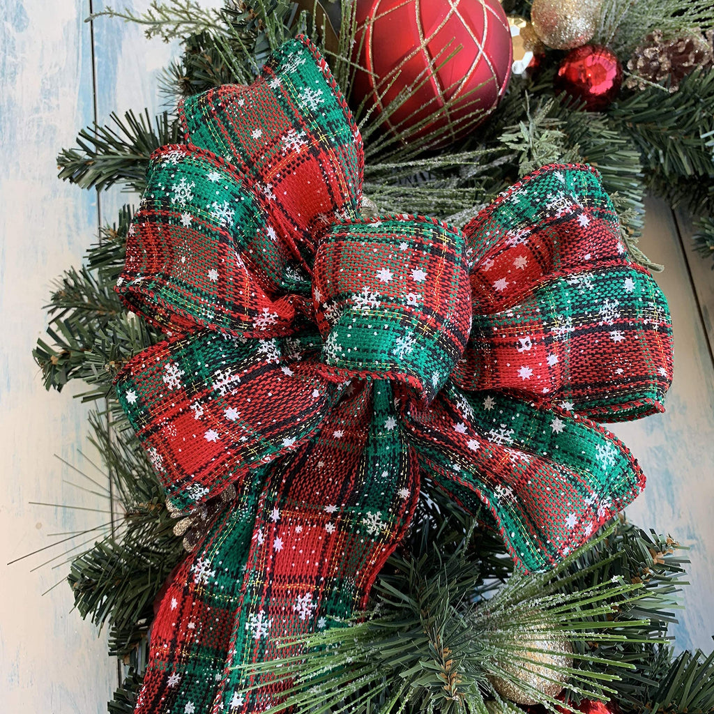 Snowflake Plaid Christmas Wreath Bow - 10' Wide, 18' Long Pre-Tied Bow, Door Decoration, Gift Basket, Swag, Garland, Fall Deco