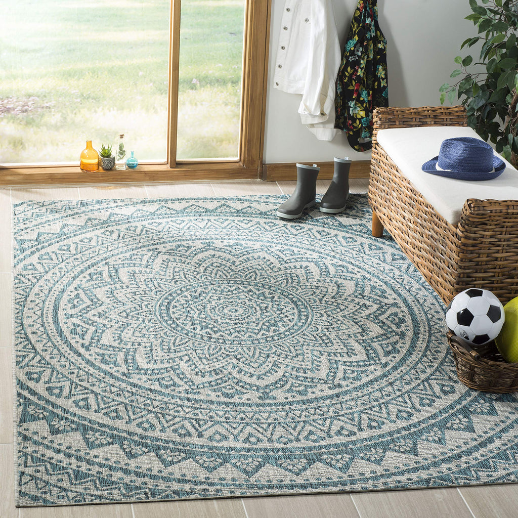 Safavieh Courtyard Collection 2' X 3'7' Light Grey / Teal Cy8734 Indoor/ Outdoor Waterproof Easy Cleaning Patio Backyard Mudroom Accent Rug