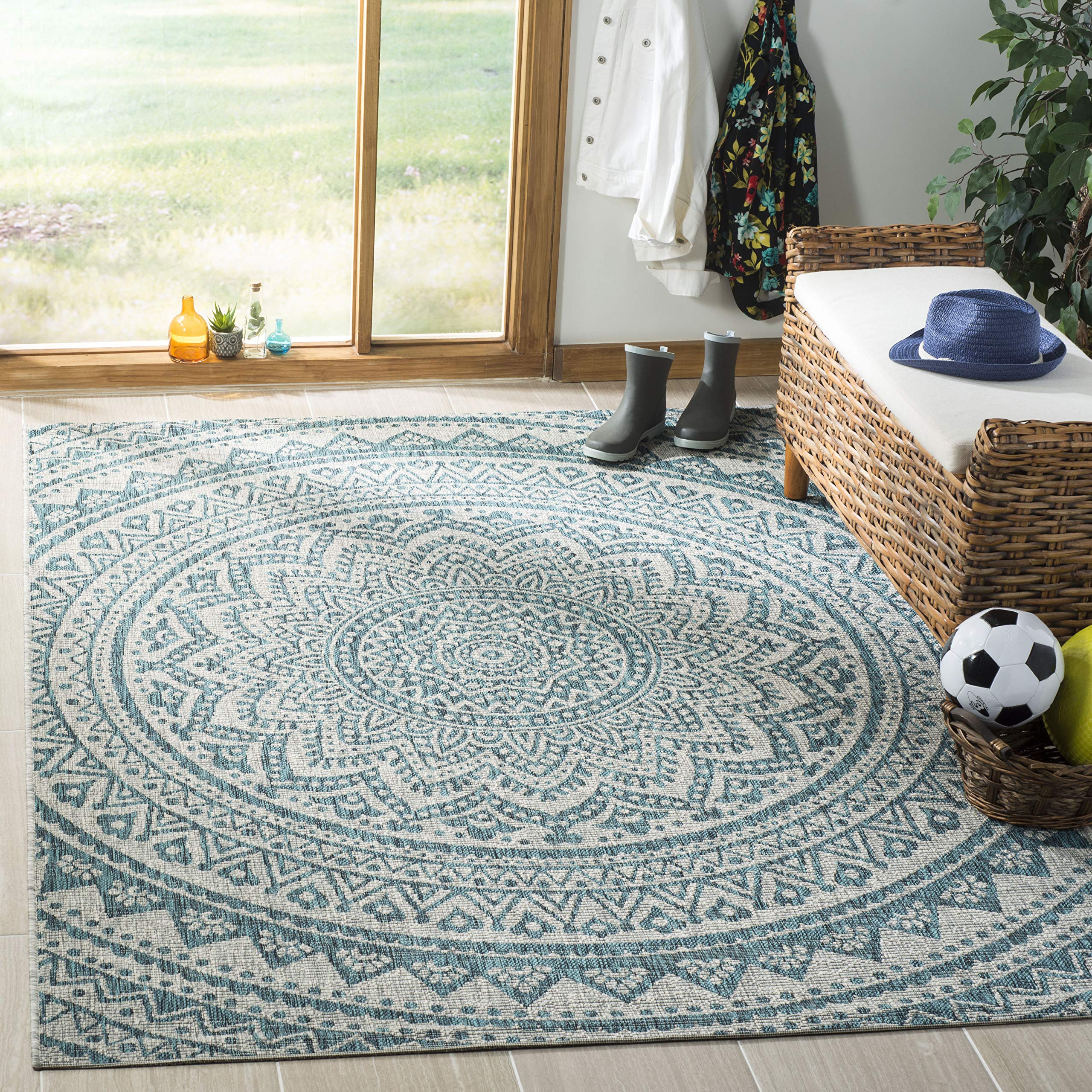 Safavieh Courtyard Collection Area Rug - 3' Square, Light Grey & Teal, Non-Shedding & Easy Care, Indoor/Outdoor & Washable-Ideal For Patio, Backyard, Mudroom (Cy8734-37212)