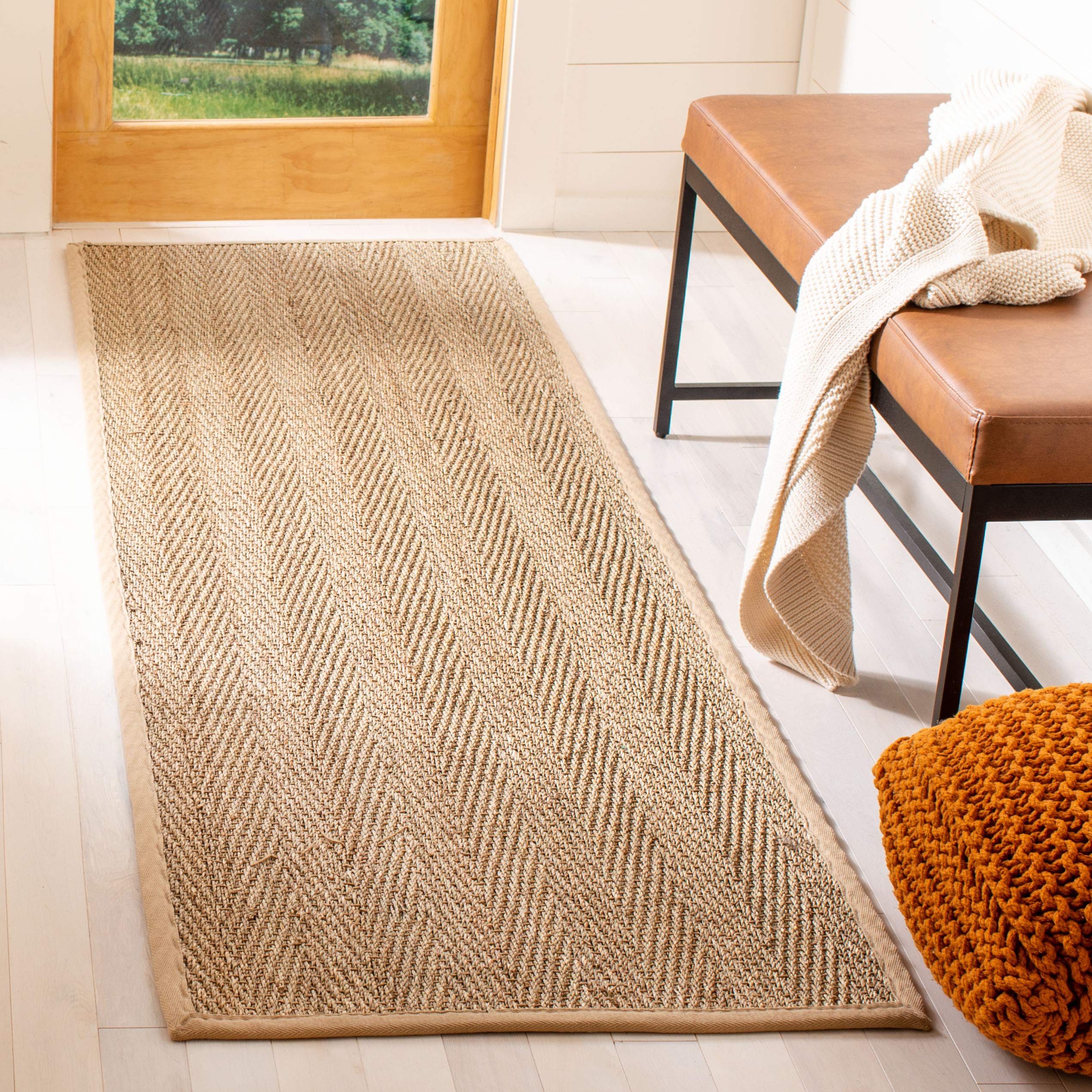 SAFAVIEH Natural Fiber Collection X-Large Area Rug - 26 x 22, Natural & Beige, Border Herringbone Seagrass Design, Easy Care, 