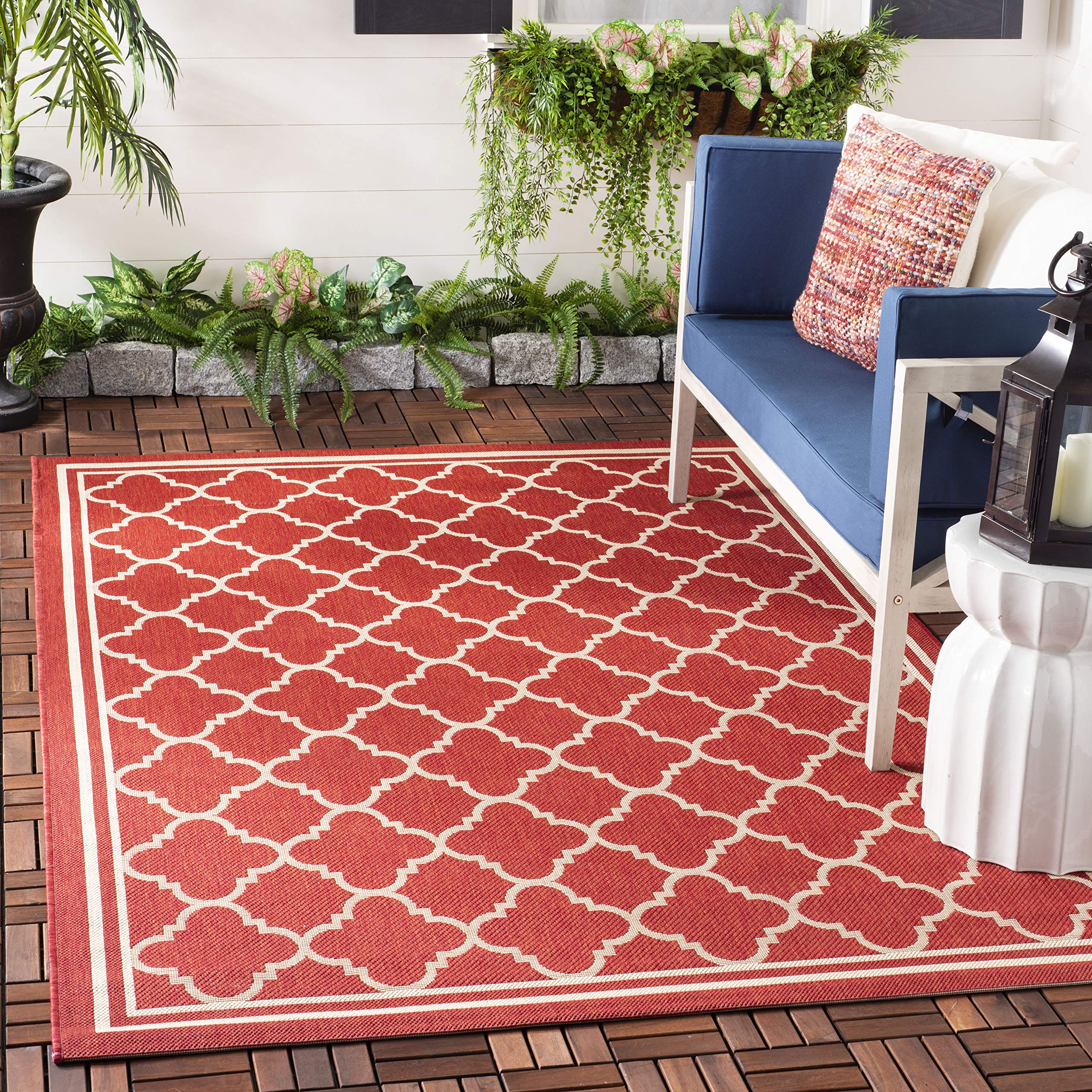 SAFAVIEH Courtyard Collection 4 Square Red/Bone CY6918 Trellis Indoor/ Outdoor Waterproof Easy-Cleaning Patio Backyard Mudroom 