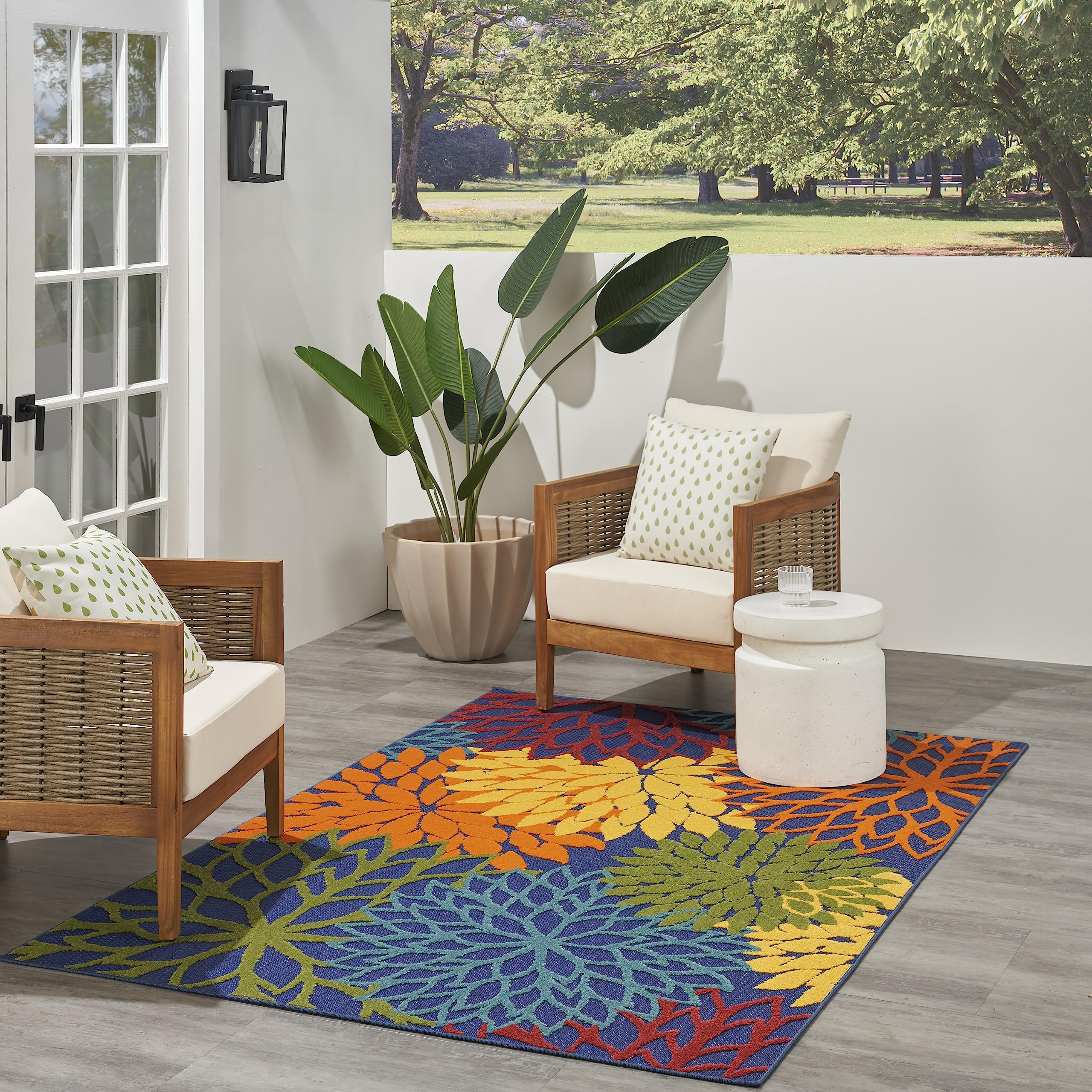 Nourison Aloha Indoor-Outdoor Navy Multicolor 3'6' X 5'6' Area Rug, Easy Cleaning, Non Shedding, Bed Room, Living Room, Dining Room, Backyard, Deck, Patio (4X6)