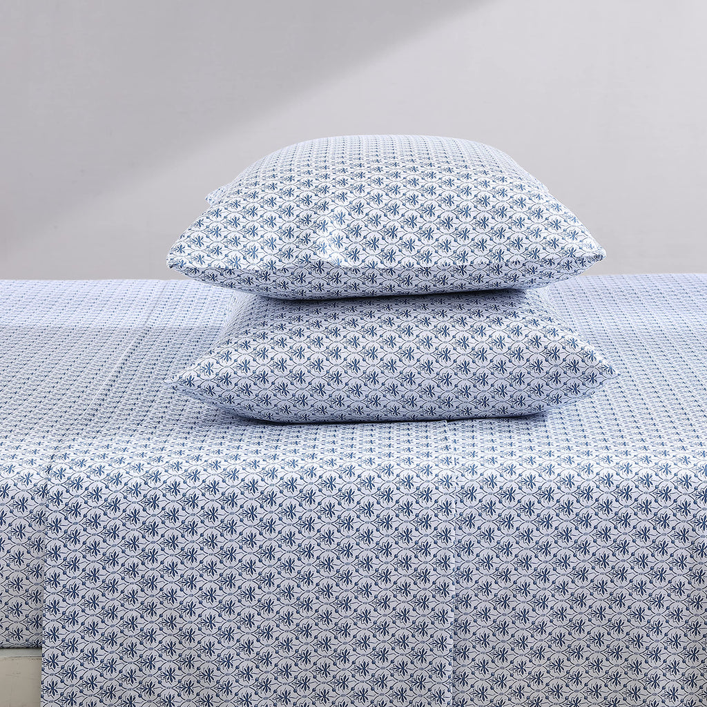 Laura Ashley Home Queen Sheet Set, Soft Sateen Cotton Bedding Set - Sleek, Smooth, & Breathable, Rosemarie Blue