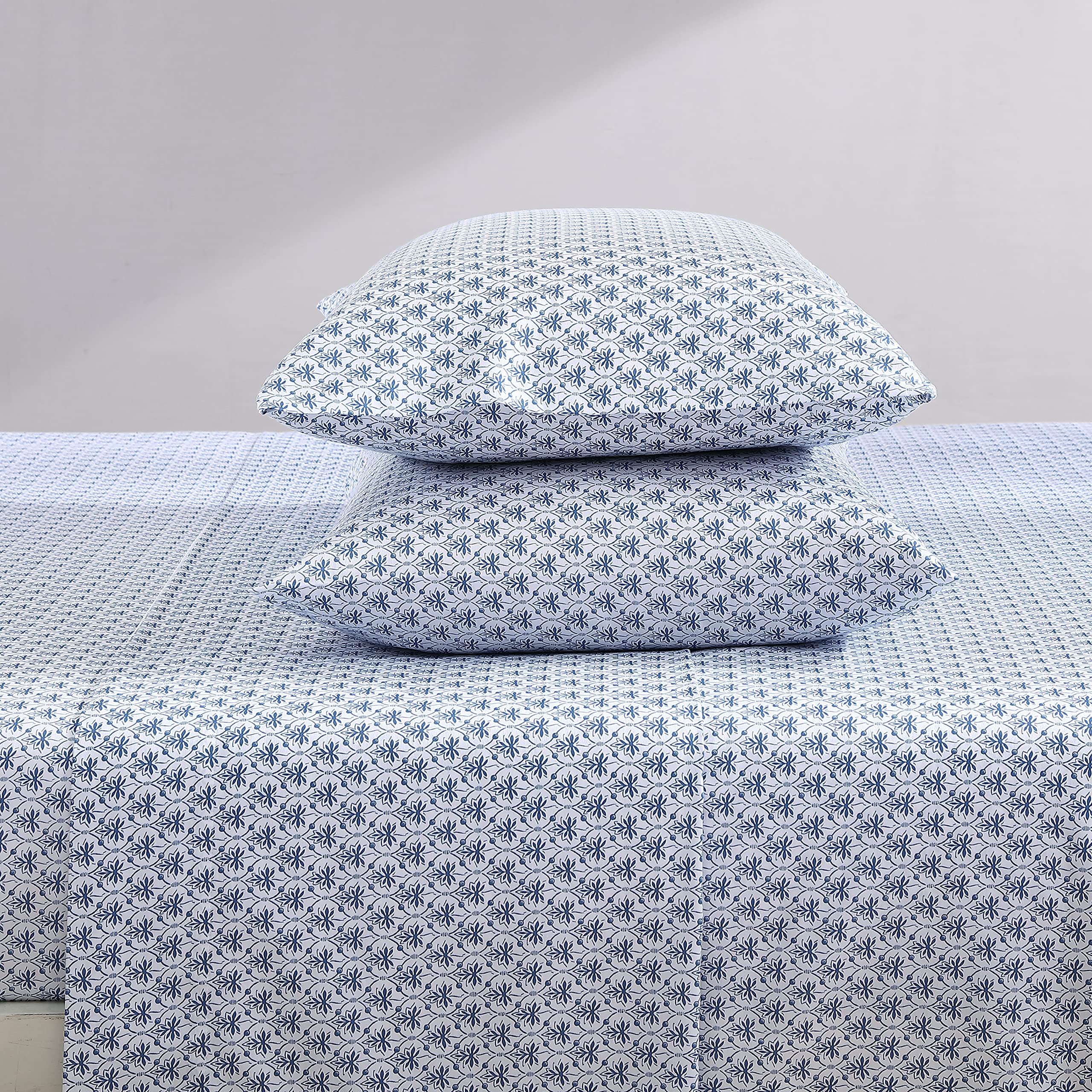 Laura Ashley Home Queen Sheet Set, Soft Sateen Cotton Bedding Set - Sleek, Smooth, & Breathable, Rosemarie Blue