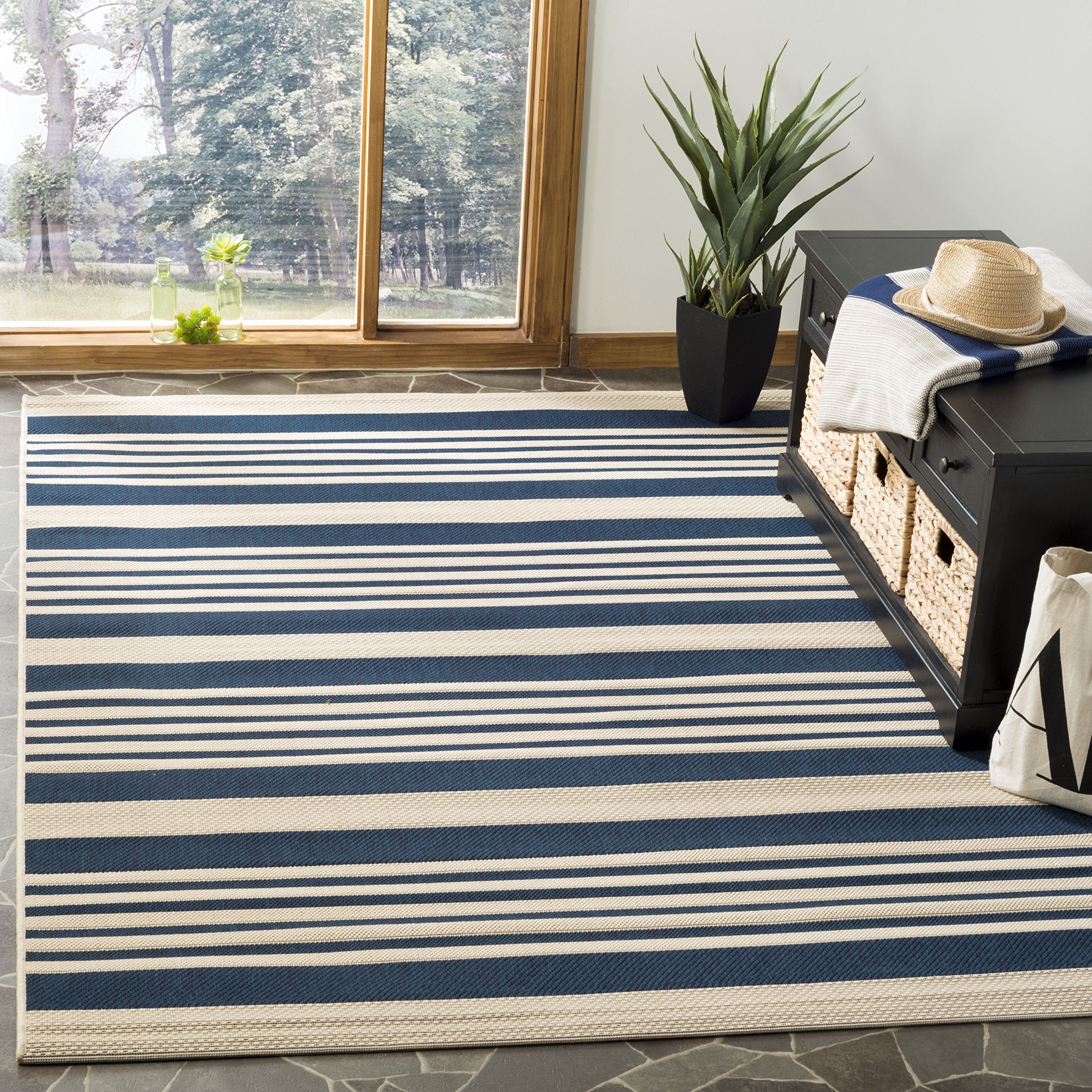 Safavieh Courtyard Collection Area Rug - 6'7'' X 9'6'', Navy & Beige, Non-Shedding & Easy Care, Indoor/Outdoor & Washable-Ideal