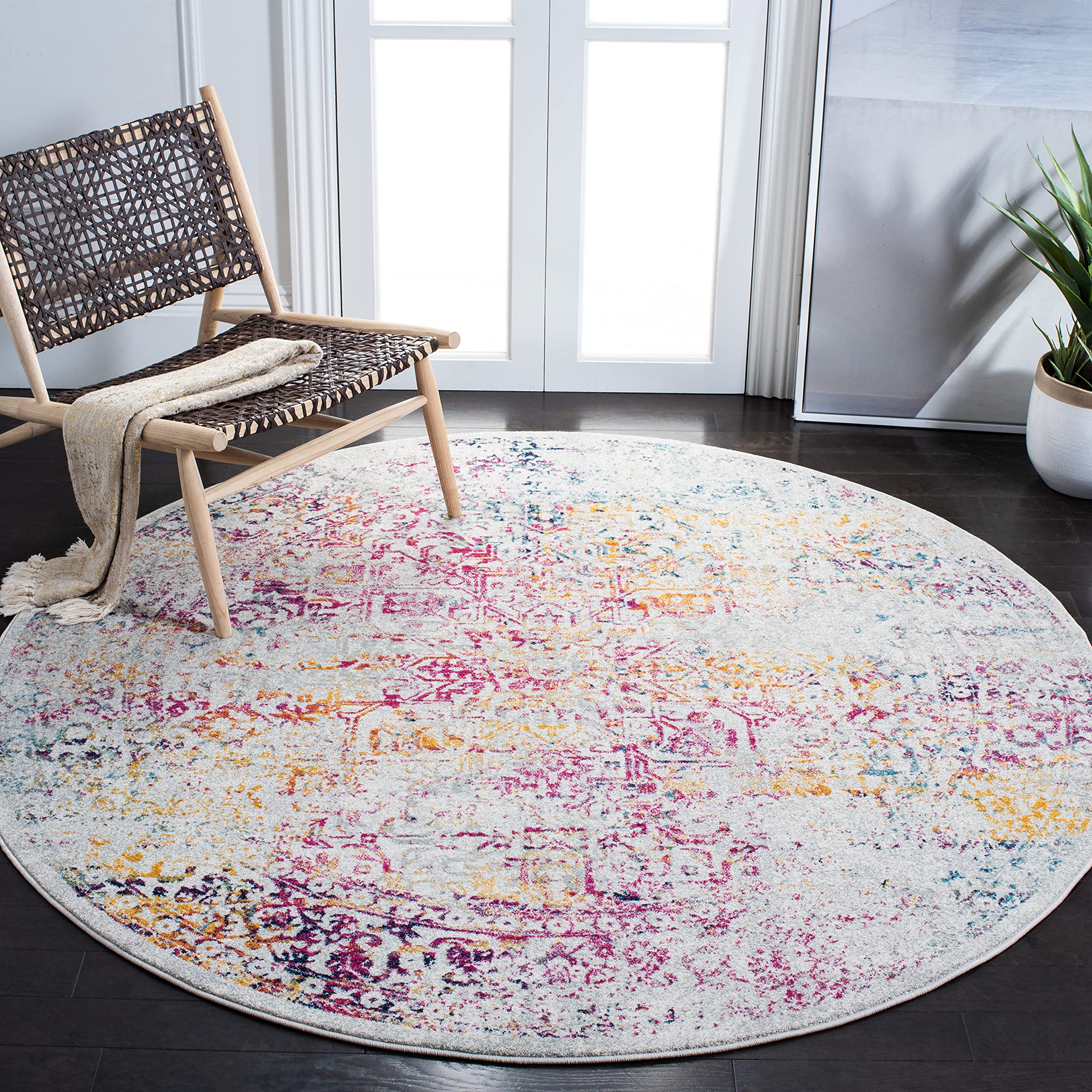 SAFAVIEH Evoke Collection 67 Round Ivory / Fuchsia EVK256Q Oriental Distressed Non-Shedding Dining Room Entryway Foyer Living R