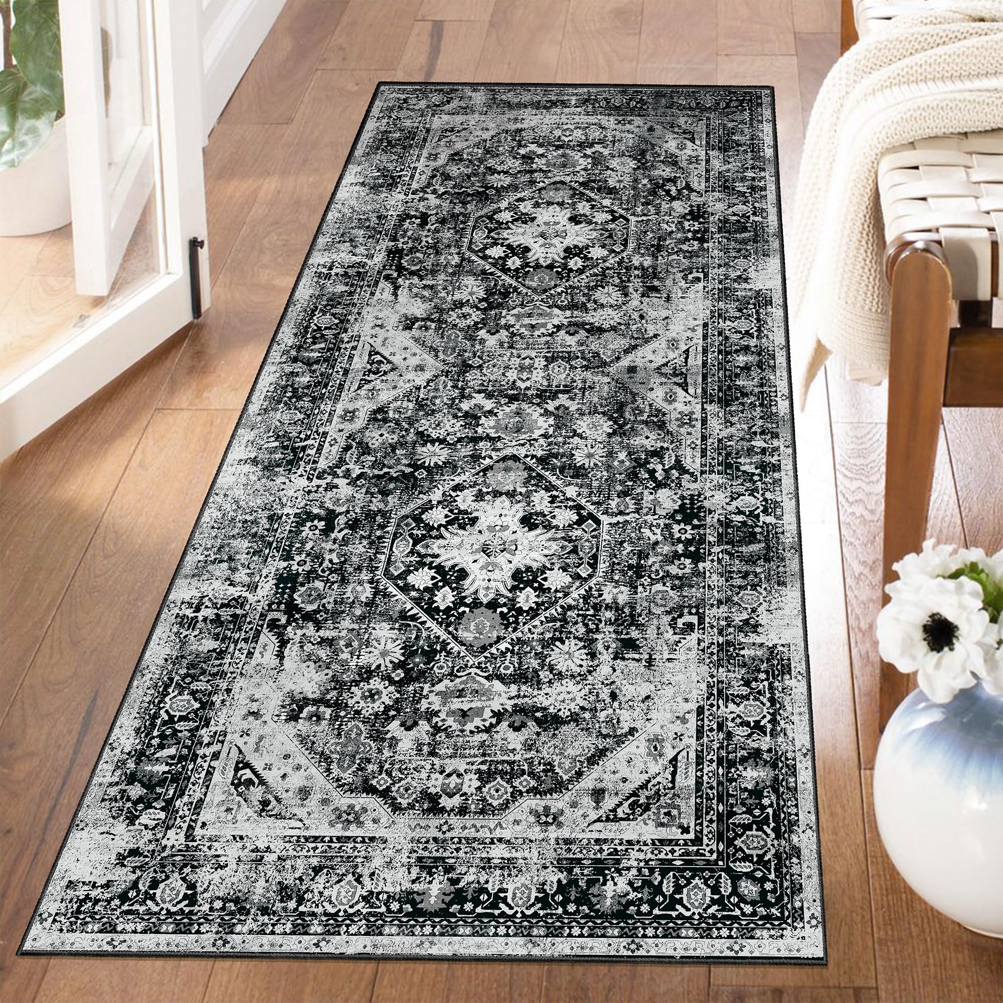 MUJOO Black Rug Washable Runner Rug for Kitchen Bathroom Entryway Non Slip Carpet Throw Rugs for Hallway Bedside Laundry Room Lo