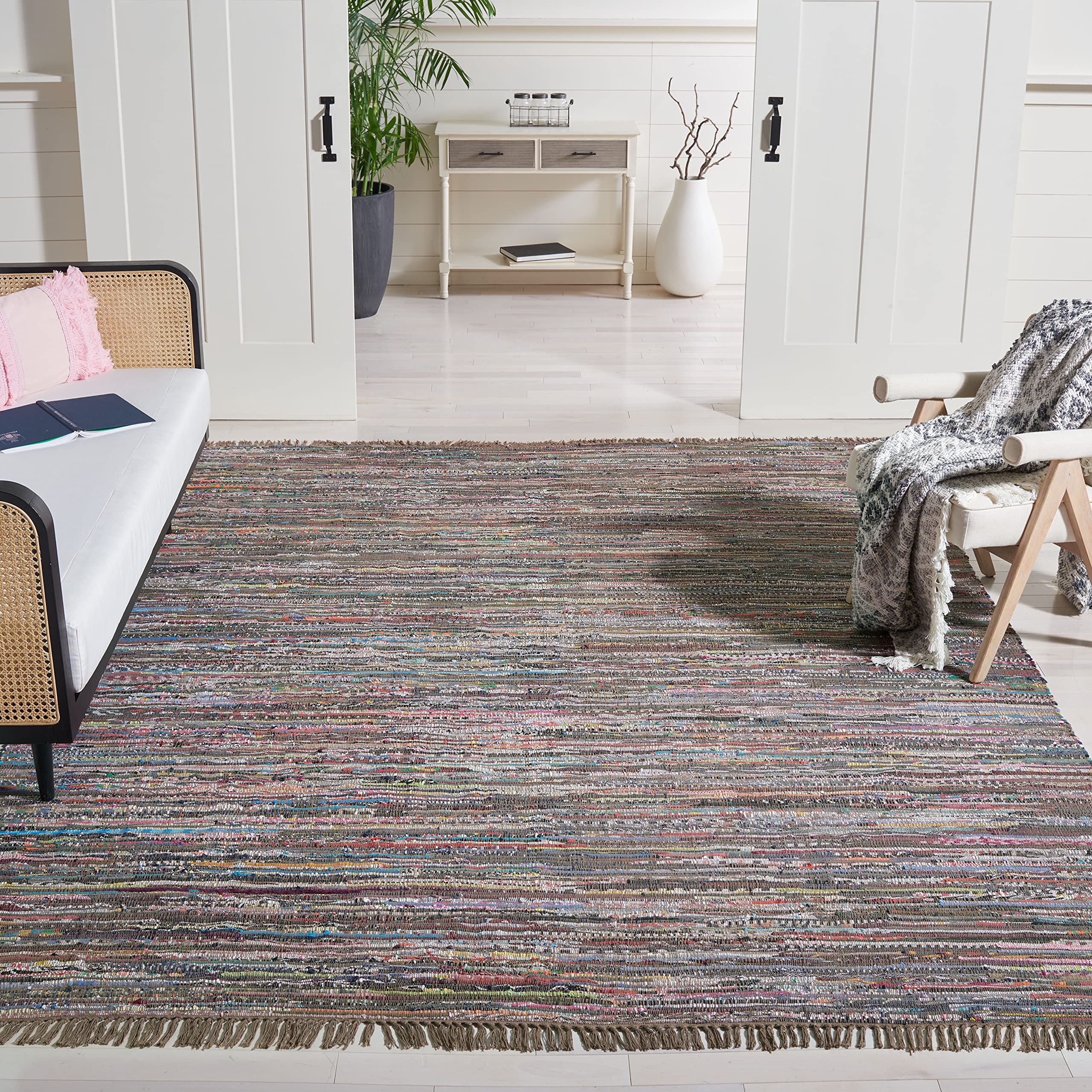 SAFAVIEH Rag Rug Collection Area Rug - 9 x 12, Rust & Multi, Handmade Boho Stripe Cotton, Ideal for High Traffic Areas in Livi