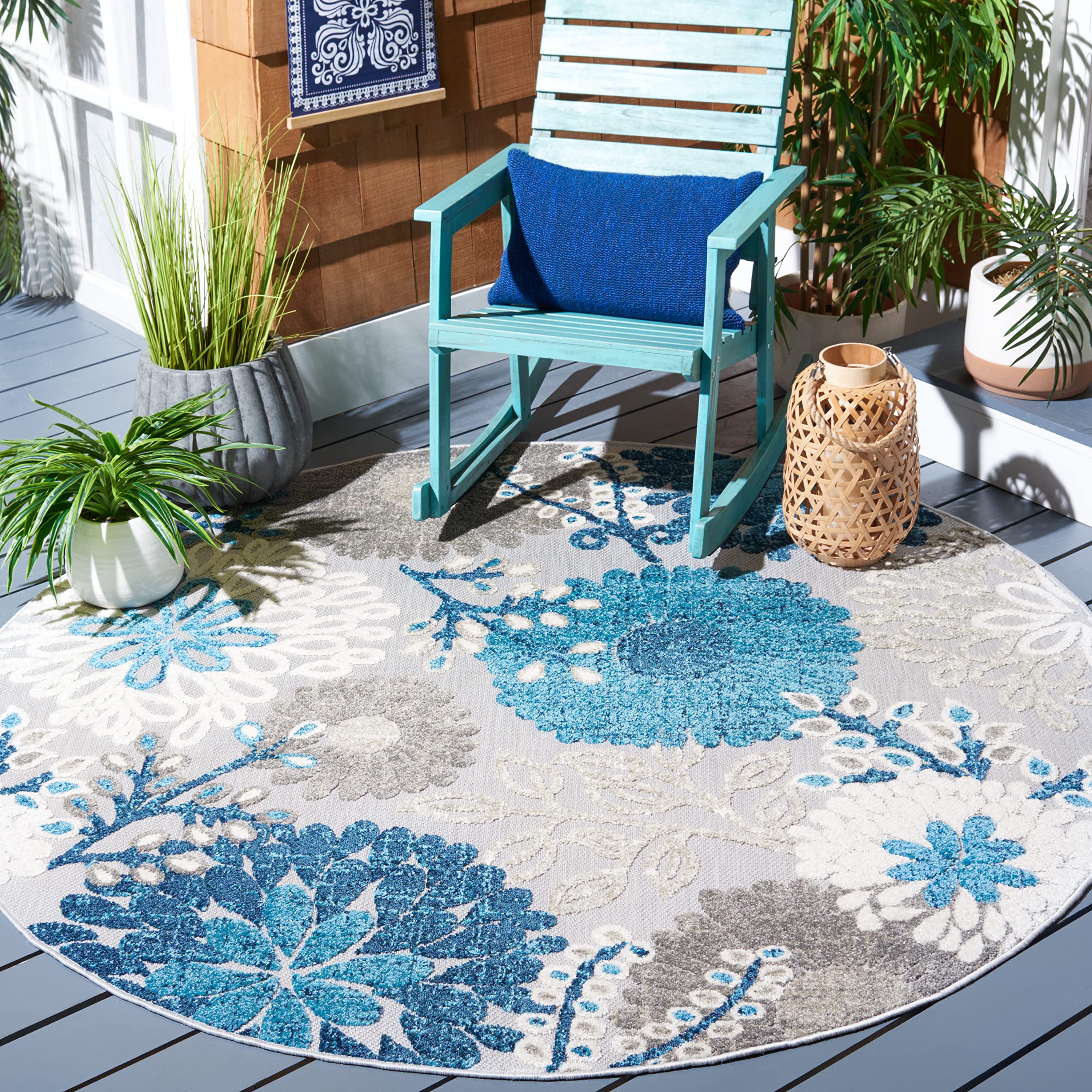 Safavieh Cabana Collection Area Rug - 3' Round, Grey & Blue, Floral Design, Non-Shedding & Easy Care, Indoor/Outdoor & Washable-Ideal For Patio, Backyard, Mudroom (Cbn832F)