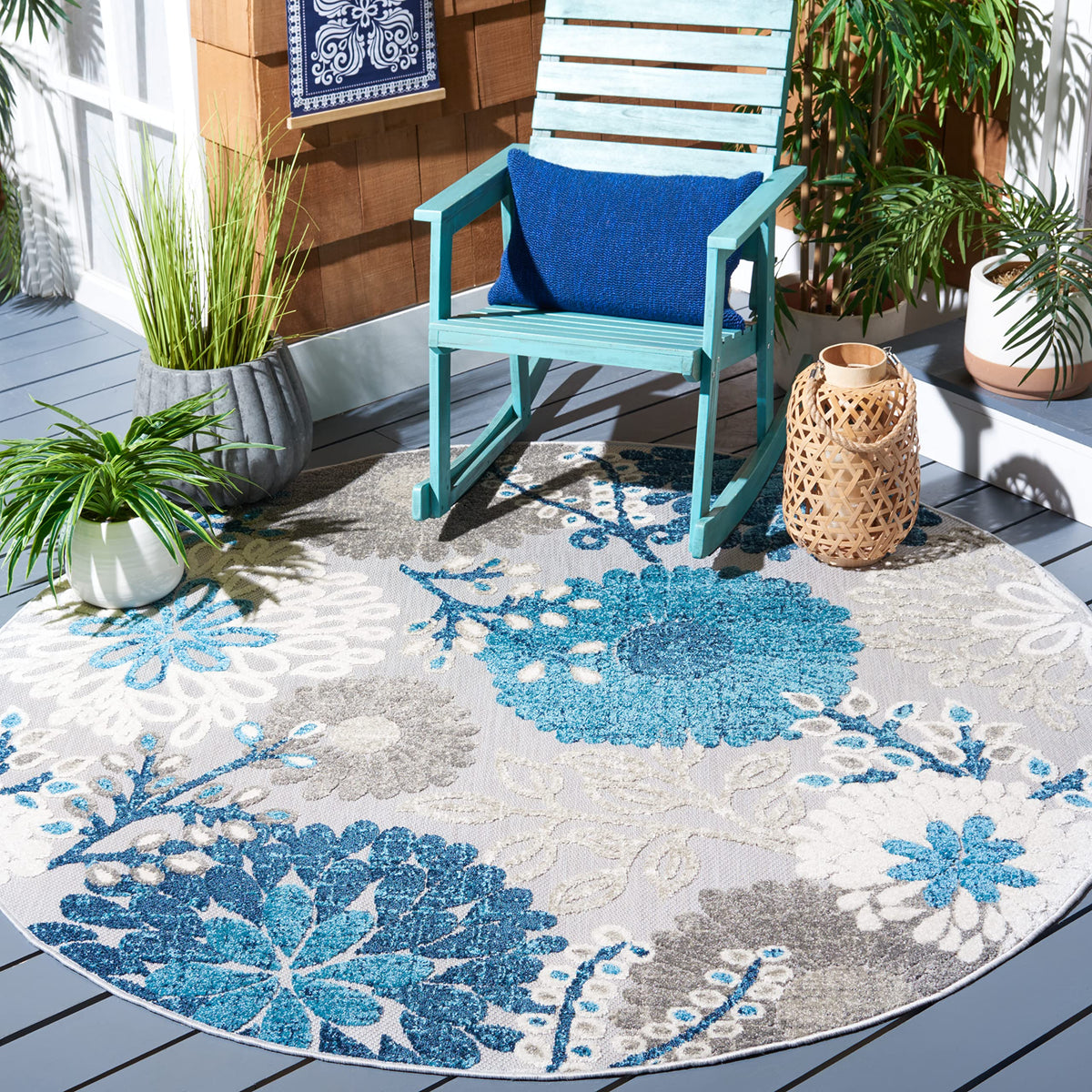 Safavieh Cabana Collection 5'3' Round Grey/Blue Cbn832F Floral Indoor/ Outdoor Non-Shedding Easy Patio Backyard Porch Deck Mudr