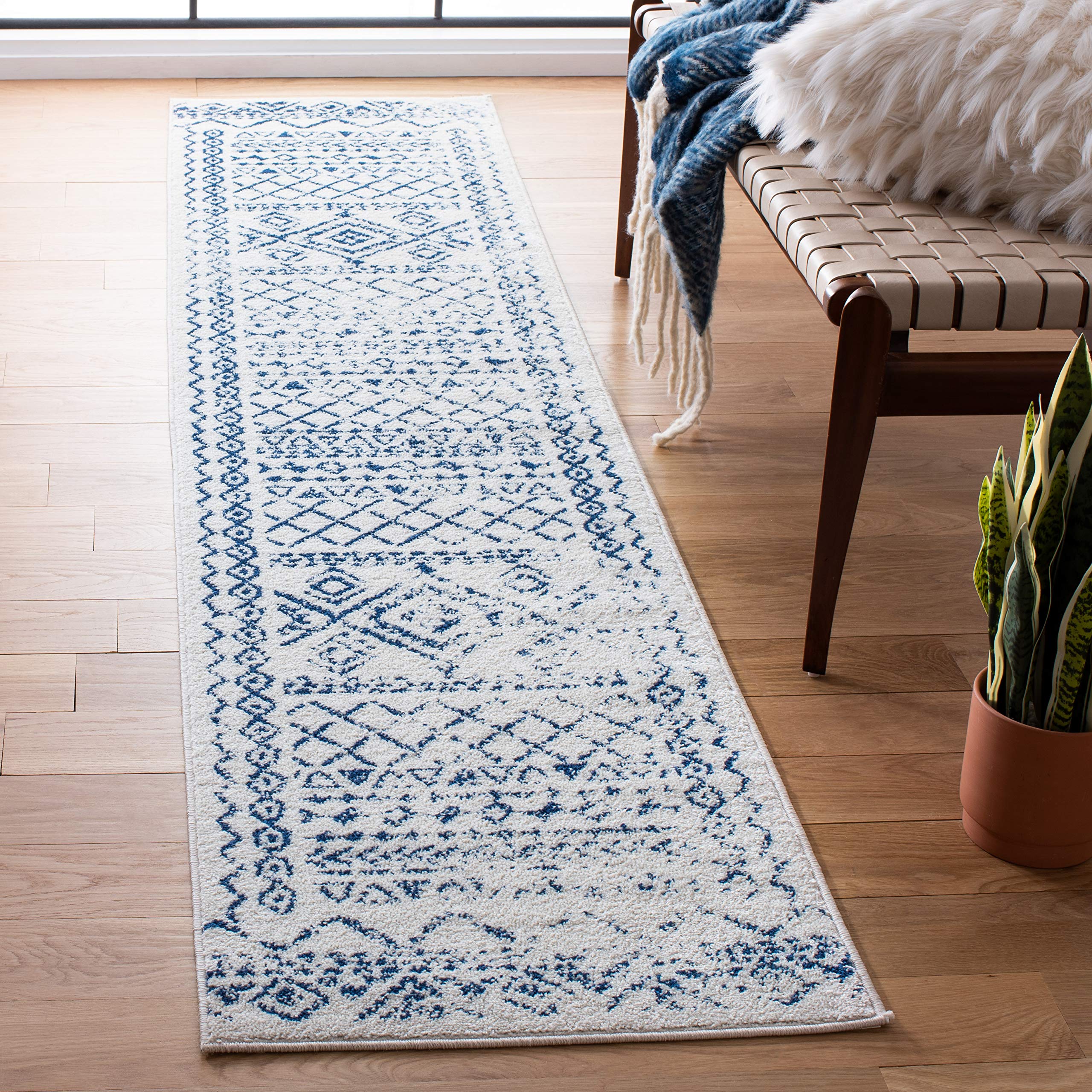 SAFAVIEH Tulum Collection Runner Rug - 2 x 8, Ivory & Navy, Moroccan Boho Distressed Design, Non-Shedding & Easy Care, Ideal f