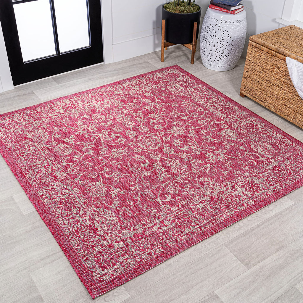 Jonathan Y Smb100G-5Sq Tela Bohemian Textured Weave Floral Indoor Outdoor Area Rug, Coastal Traditional Transitional Easy Cleaning,Bedroom,Kitchen,Backyard,Patio, Fuchsia/Light Gray, 5' Square