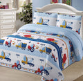 Kids Zone Home Linen Bedspread Coverlet Quilt Set For Boys Construction Work Road Trucks Blue Red Yellow Cranes Dump Truck New (