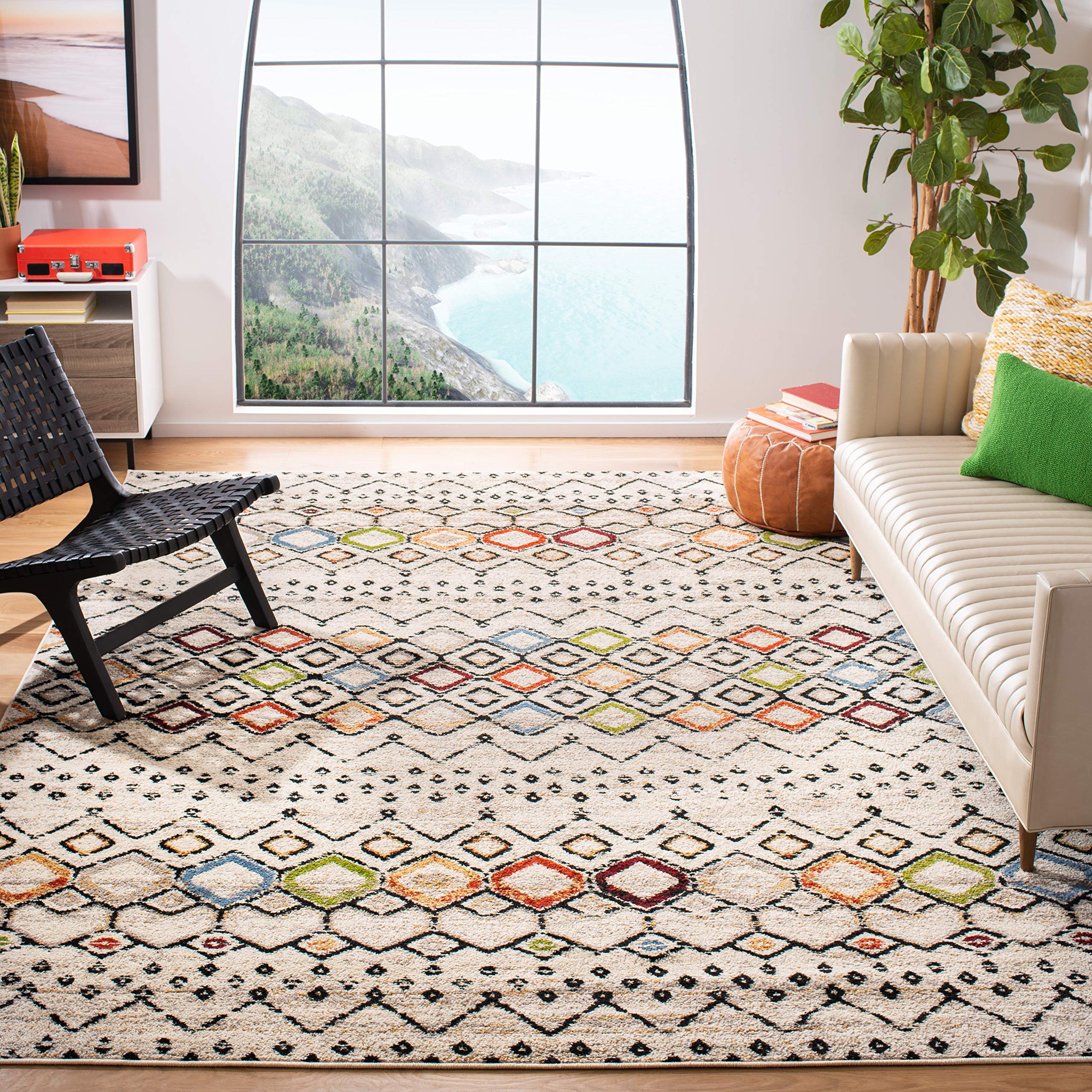 SAFAVIEH Amsterdam Collection X-Large Area Rug - 12 x 18, Ivory & Multi, Moroccan Boho Design, Non-Shedding & Easy Care, Ideal