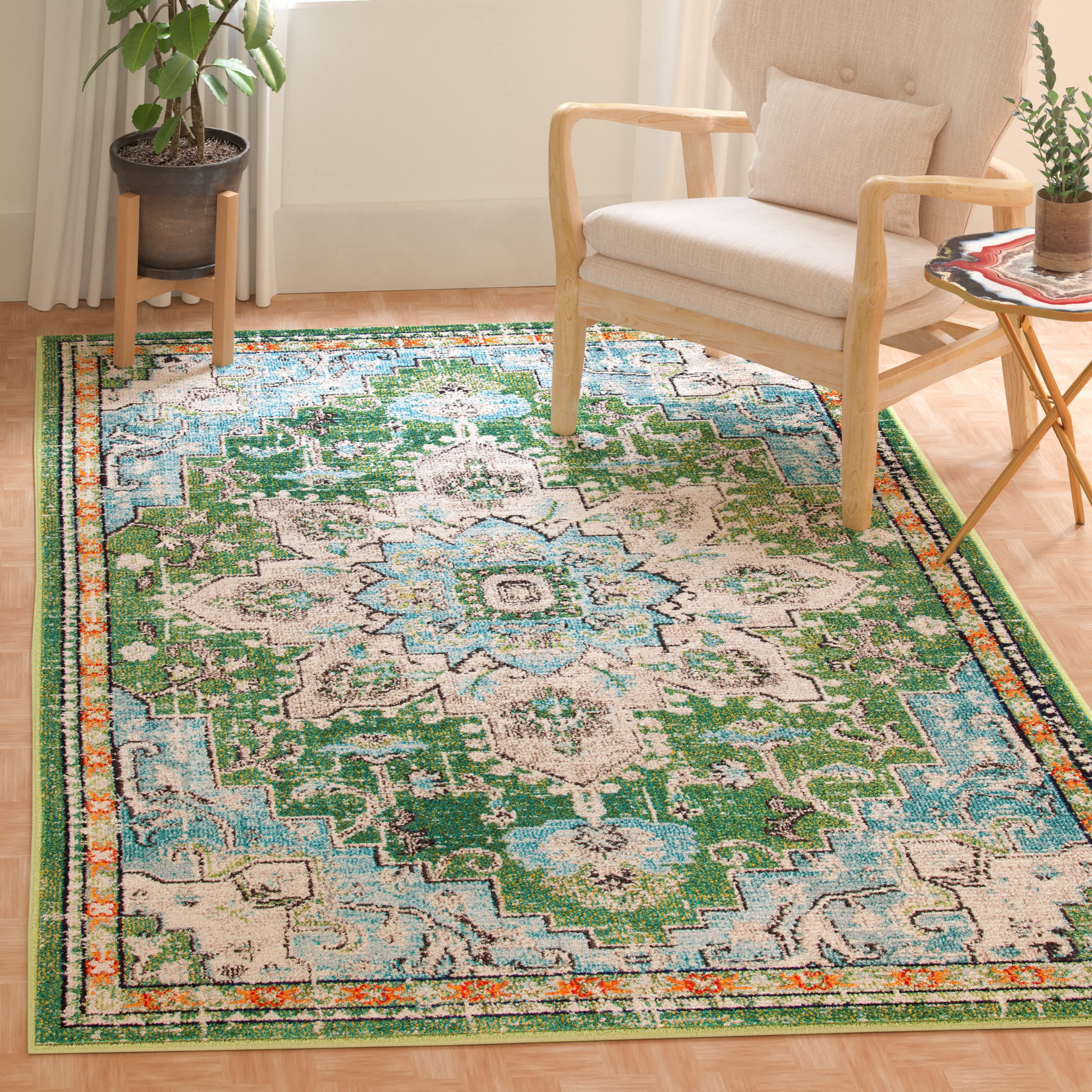 SAFAVIEH Madison Collection Area Rug - 4 Square, Green & Turquoise, Boho Chic Medallion Distressed Design, Non-Shedding & Easy 