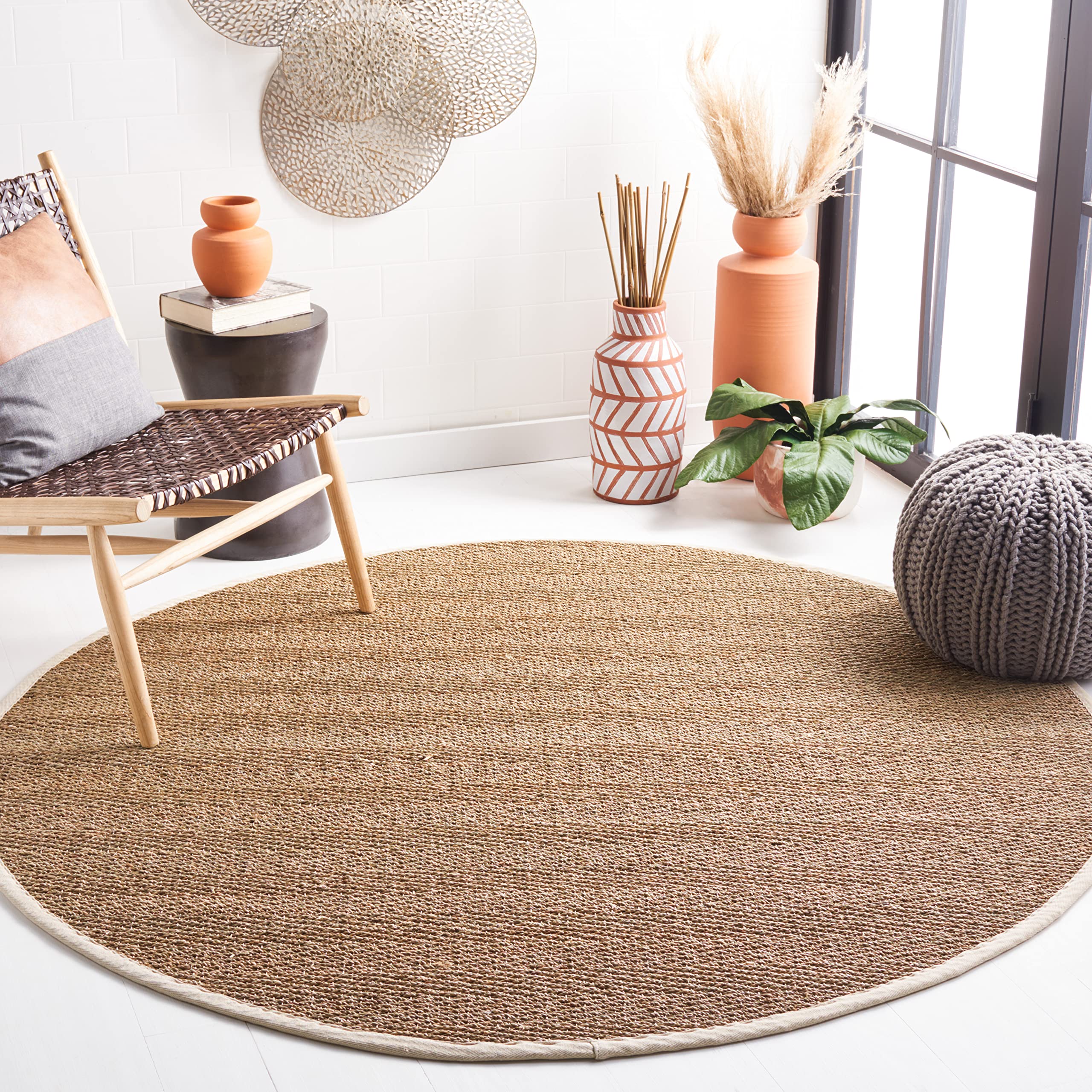 Safavieh Natural Fiber Collection Area Rug - 8 Round, Natural & Ivory, Border Herringbone Seagrass Design, Easy Care, Ideal for