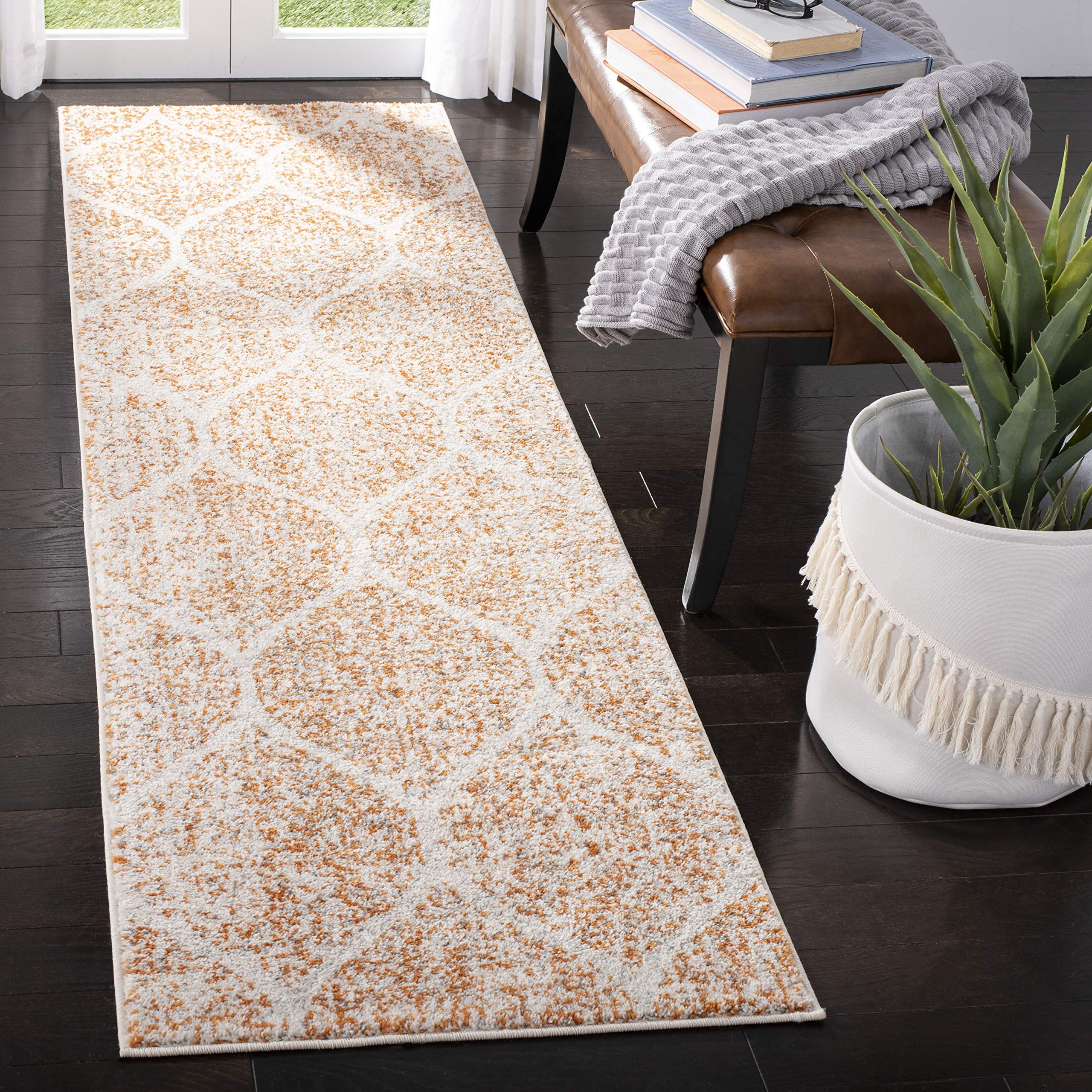 SAFAVIEH Madison Collection Runner Rug - 23 x 6, Cream & Orange, Glam Ogee Trellis Distressed Design, Non-Shedding & Easy Care
