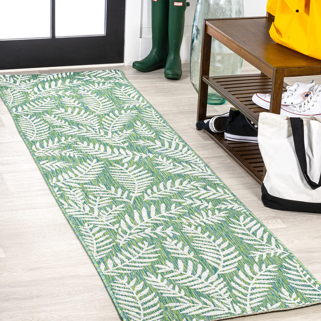 Jonathan Y Smb119G-28 Nevis Palm Frond Indoor Outdoor Area Rug, Coastal Casual Country & Floral Easy Cleaning,Bedroom,Kitchen,Backyard,Patio,Non Shedding, Cream/Green, 2 X 8