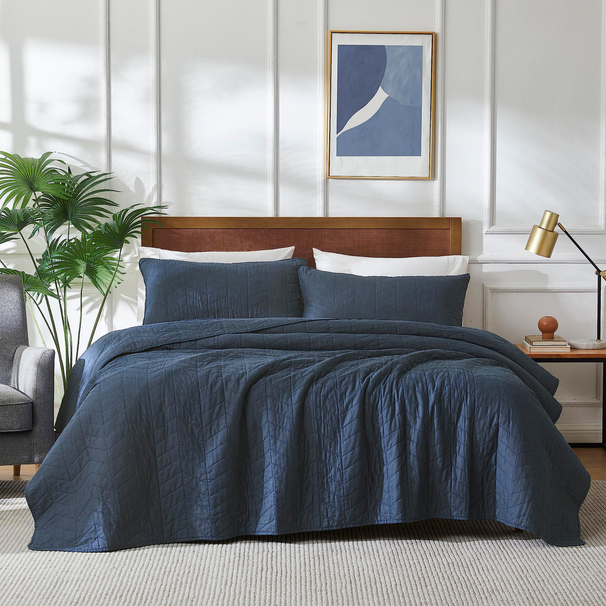 Palassio Navy Blue 100% Cotton Quilt California Cal King Size Bedding Sets With Pillow Shams,Oversized Lightweight Soft Bedsprea