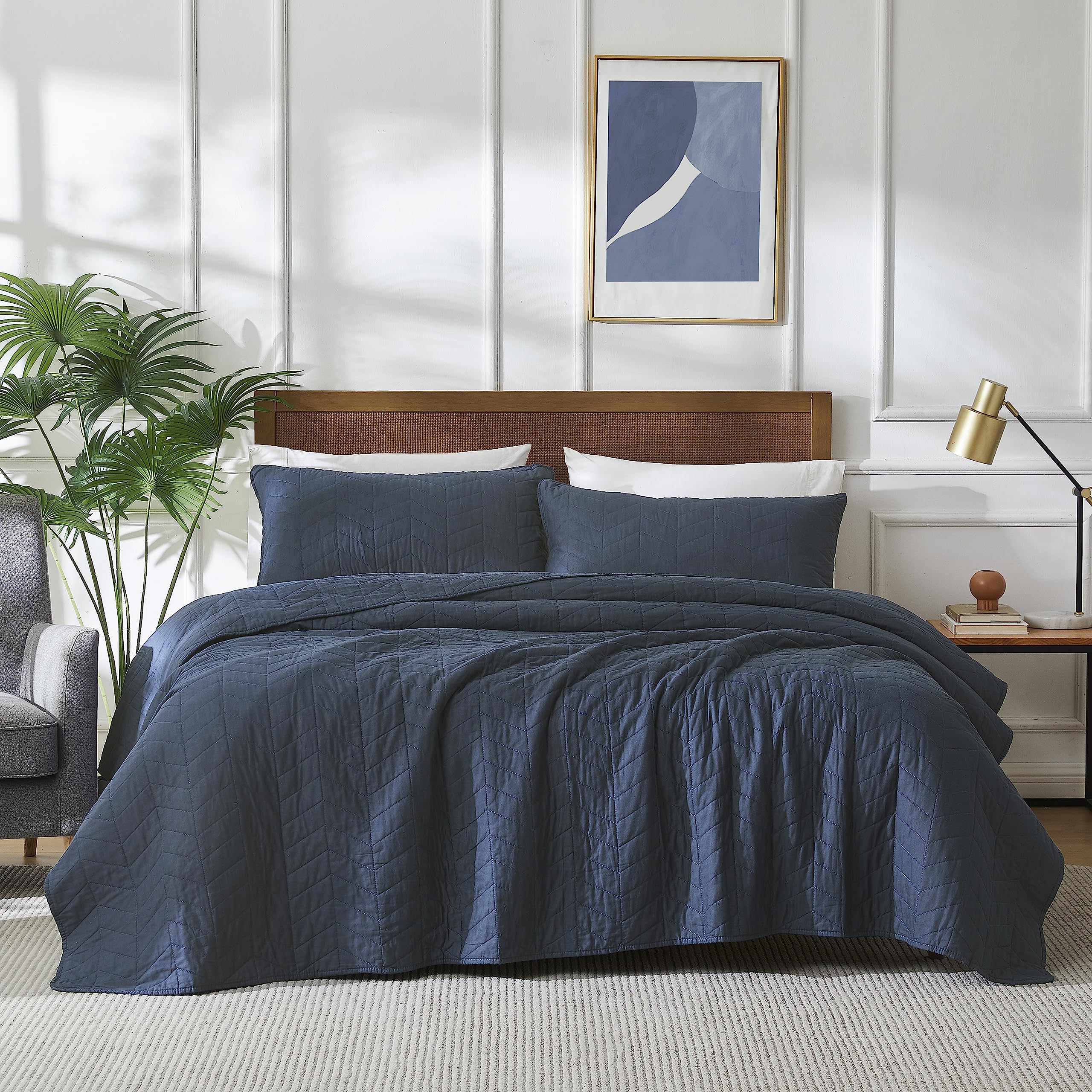 Palassio Navy Blue Cotton Quilt Twin Size Bedding Sets With Pillow Sham, Lightweight Soft Bedspread Coverlet, Quilted Comforter