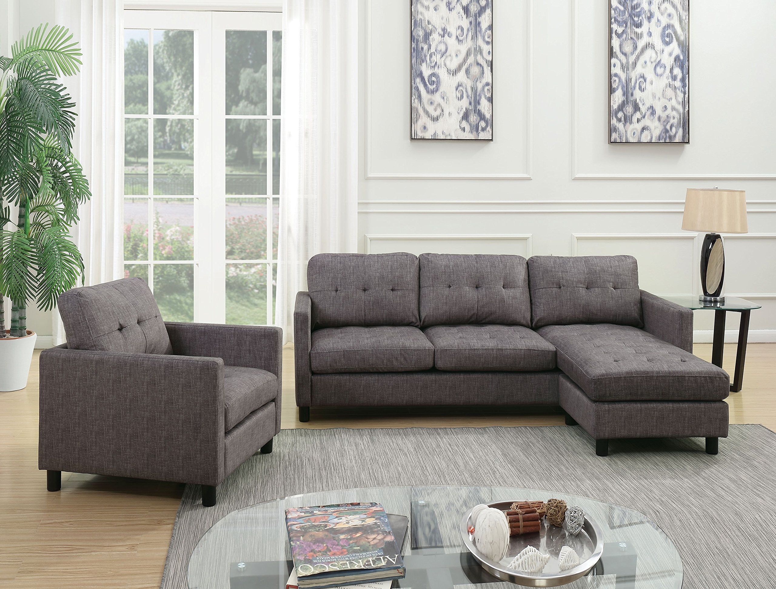 Acme Ceasar Fabric Upholstered Sectional Sofa in Gray