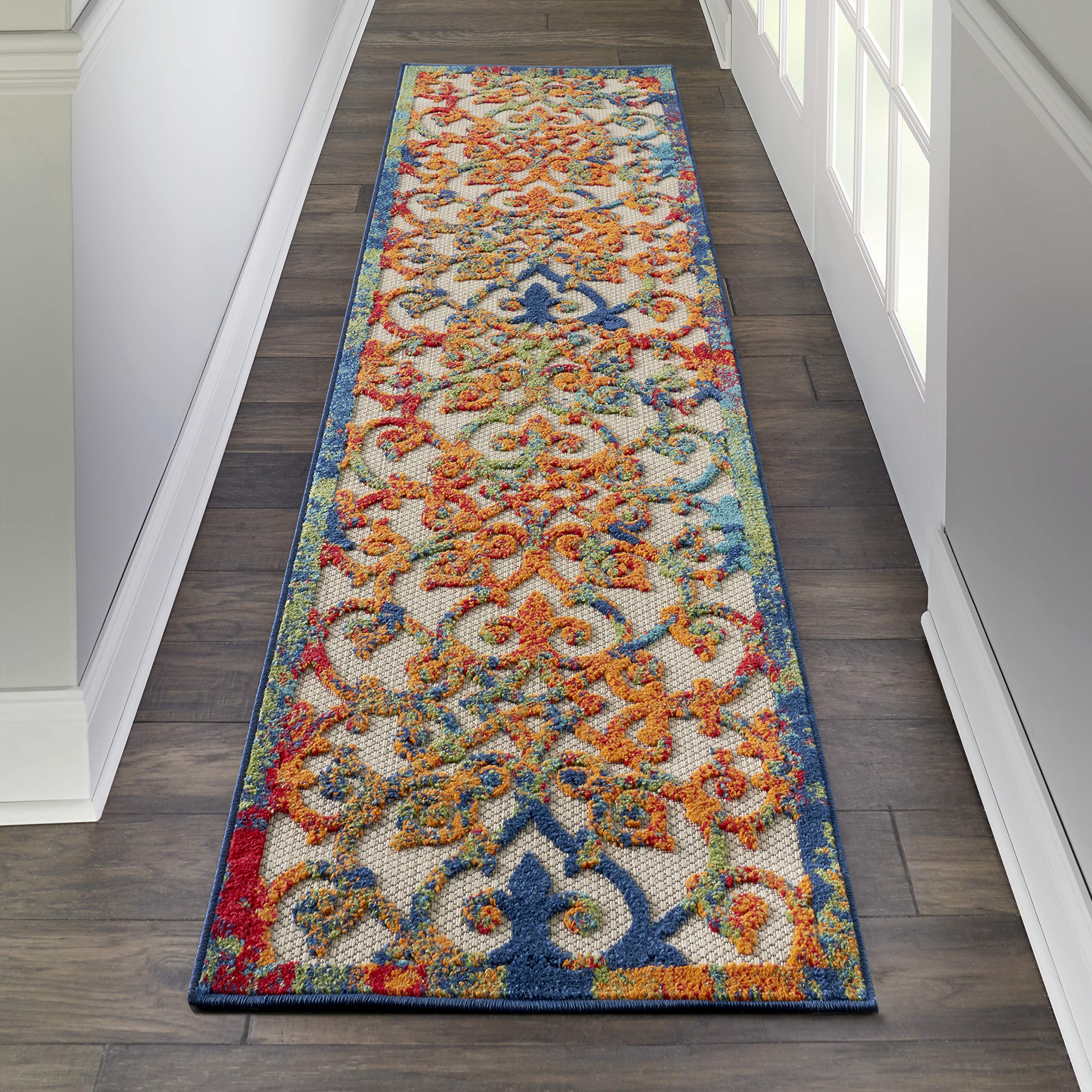 Nourison Aloha Indoor/Outdoor Multicolor 2'3' X 8' Area Rug, Transitional, French Country, Easy Cleaning, Non Shedding, Bed Roo