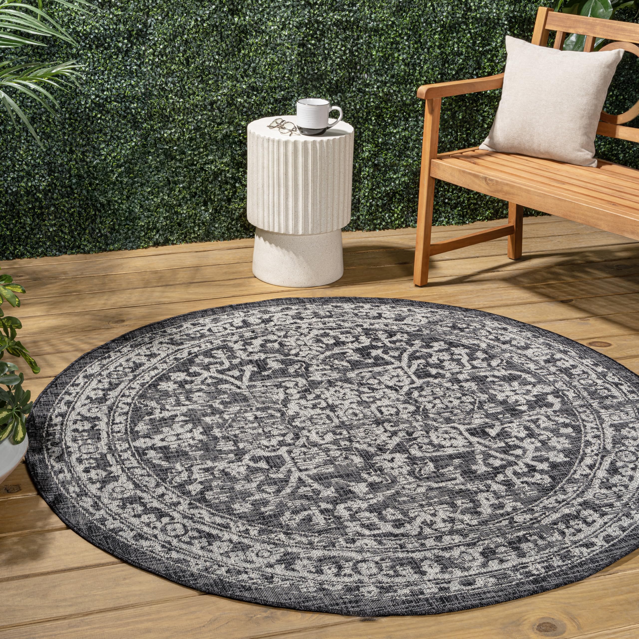 JONATHAN Y SMB104C-6R Malta Bohemian Medallion Textured Weave Black/Gray 6 Round Indoor/Outdoor Area Rug, Pet Friendly, Non-She