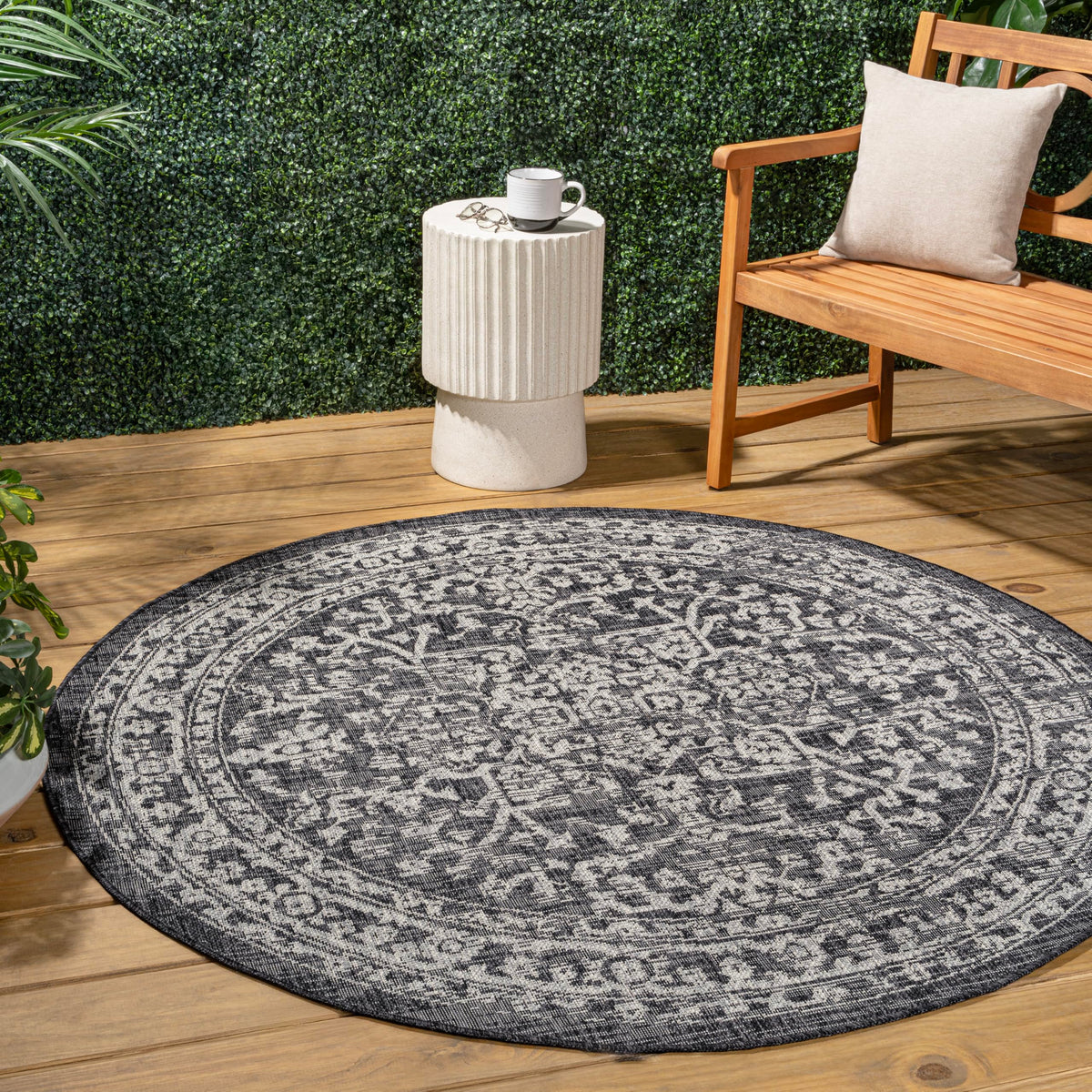 Jonathan Y Smb104C-9R Malta Bohemian Medallion Textured Weave Black/Gray 9' Round Indoor/Outdoor Area Rug, Pet Friendly, Non-She