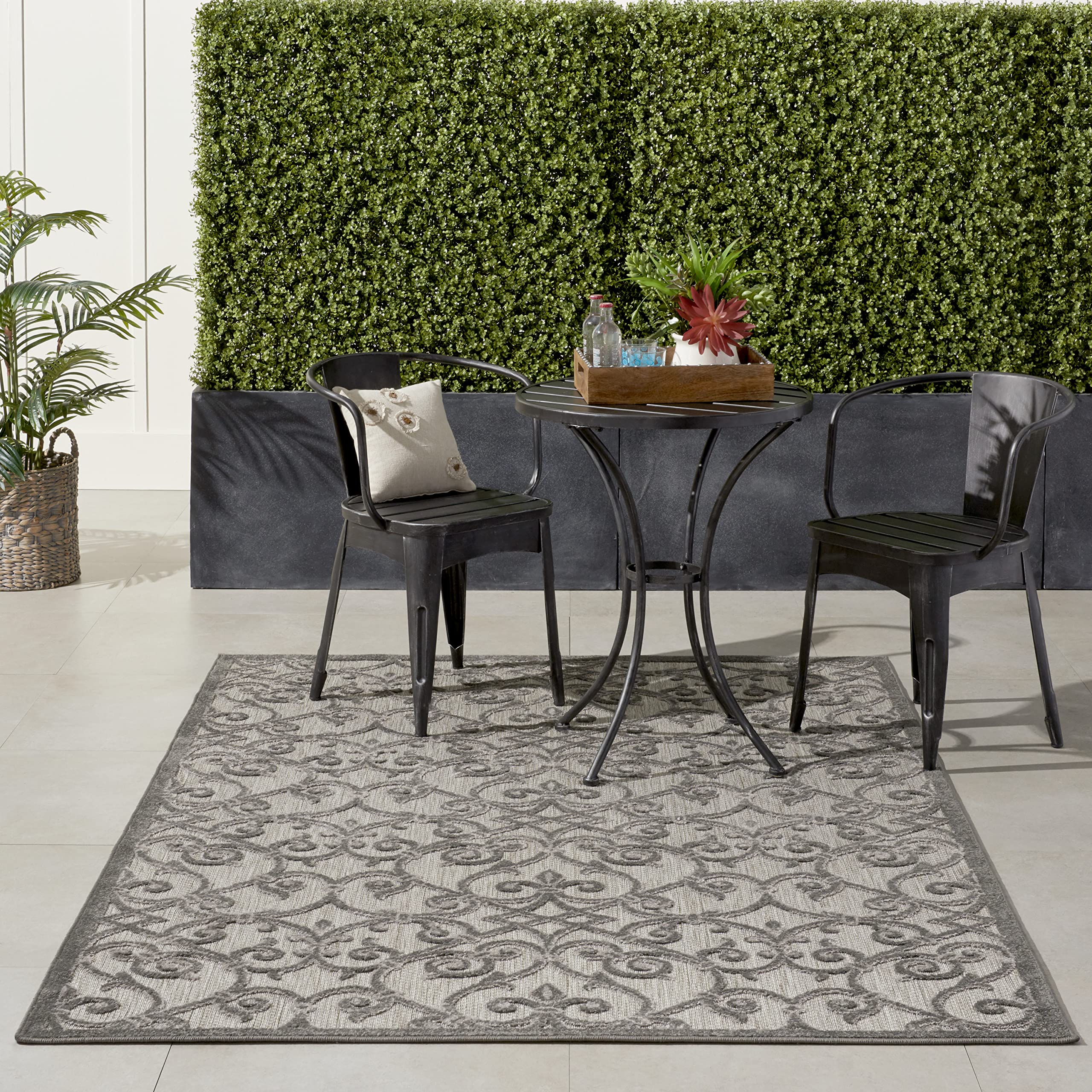 Nourison Aloha Indoor/Outdoor Grey/Charcoal 5'3' X 7'5' Area Rug, Transitional, French Country, Easy Cleaning, Non Shedding, B