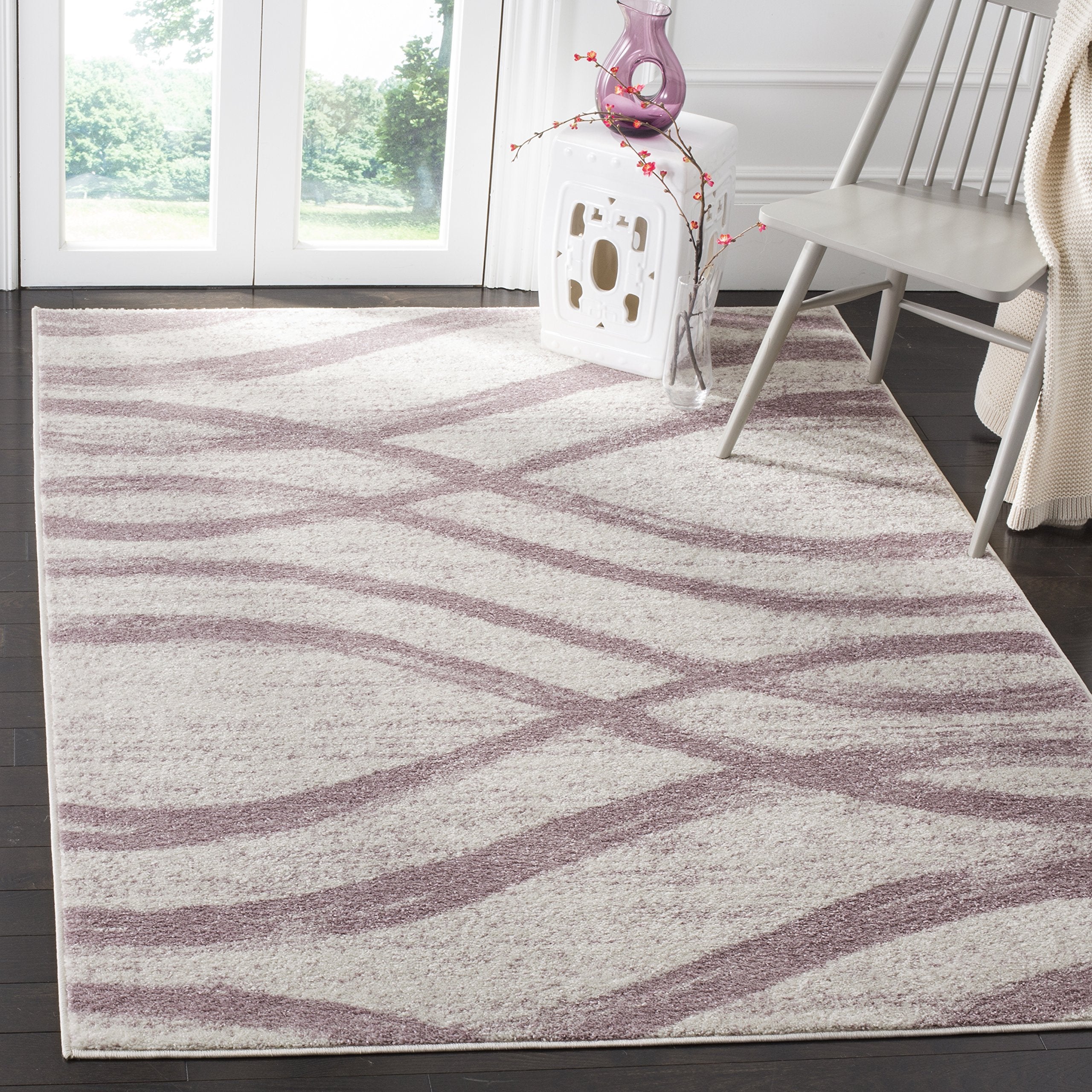 SAFAVIEH Adirondack Collection Area Rug - 4' Square, Cream & Purple, Modern Wave Distressed Design, Non-Shedding & Easy Care, Id