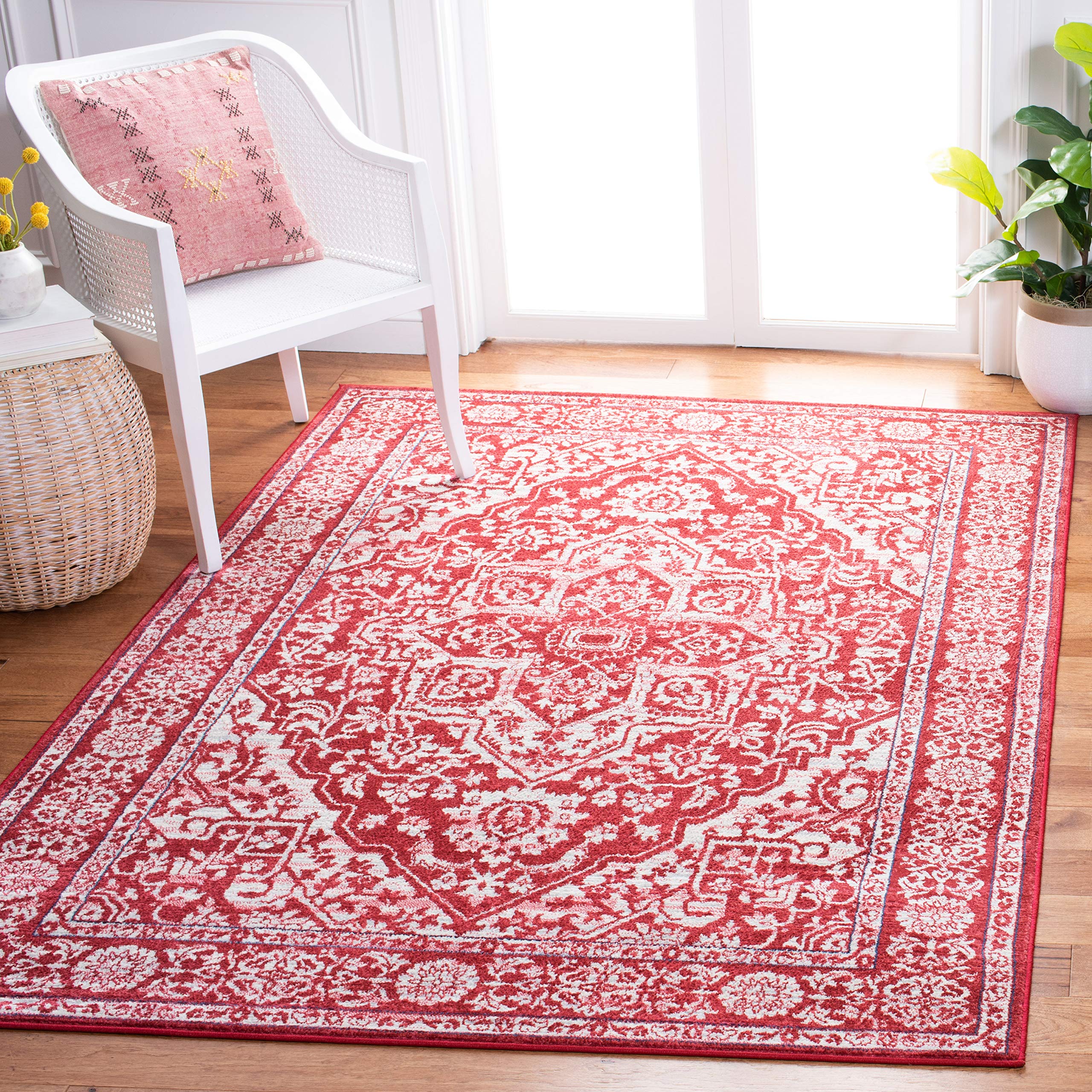 SAFAVIEH Brentwood Collection 5'3'' x 7'6'' Red / Ivory BNT832Q Medallion Distressed Non-Shedding Living Room Bedroom Dining Hom