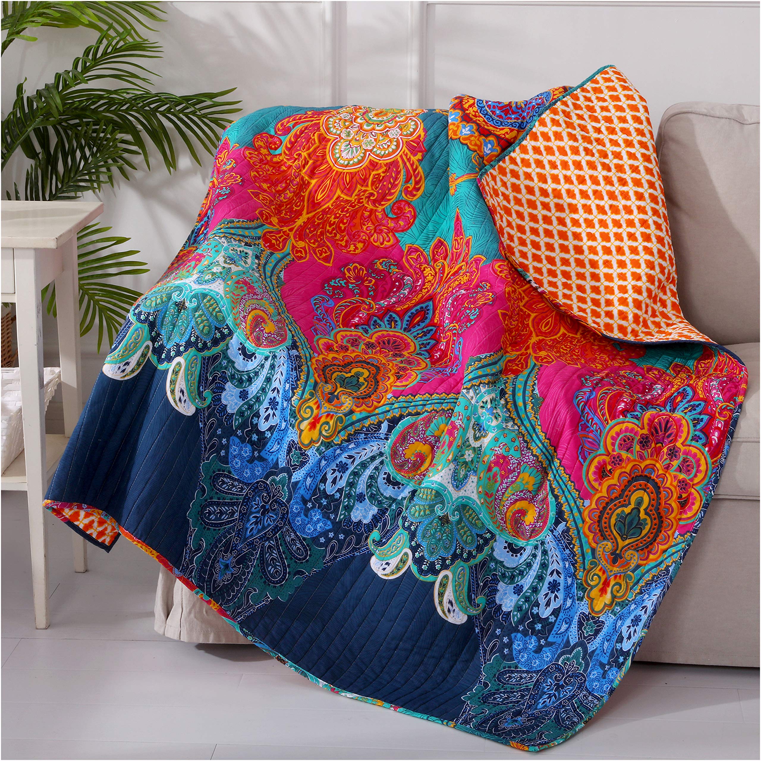 Levtex Home - Mackenzie - Quilted Throw - Bohemian - Teal, Orange, Yellow, Green, Blue - Throw Size 50X60In. - Reversible - Cott