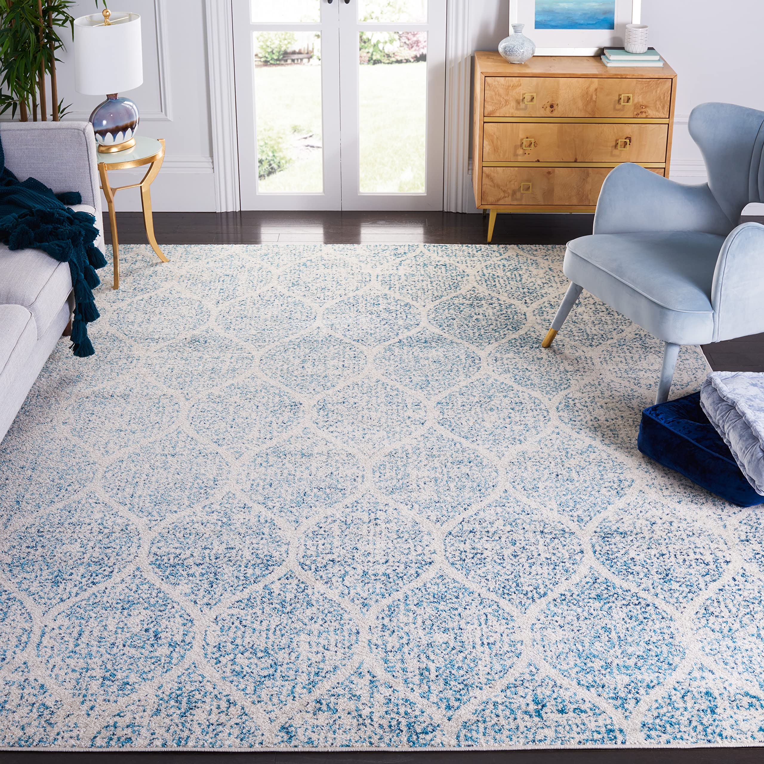 SAFAVIEH Madison Collection 9 x 12 Cream Turquoise MAD604E Glam Ogee Trellis Distressed Non-Shedding Living Room Bedroom Dinin
