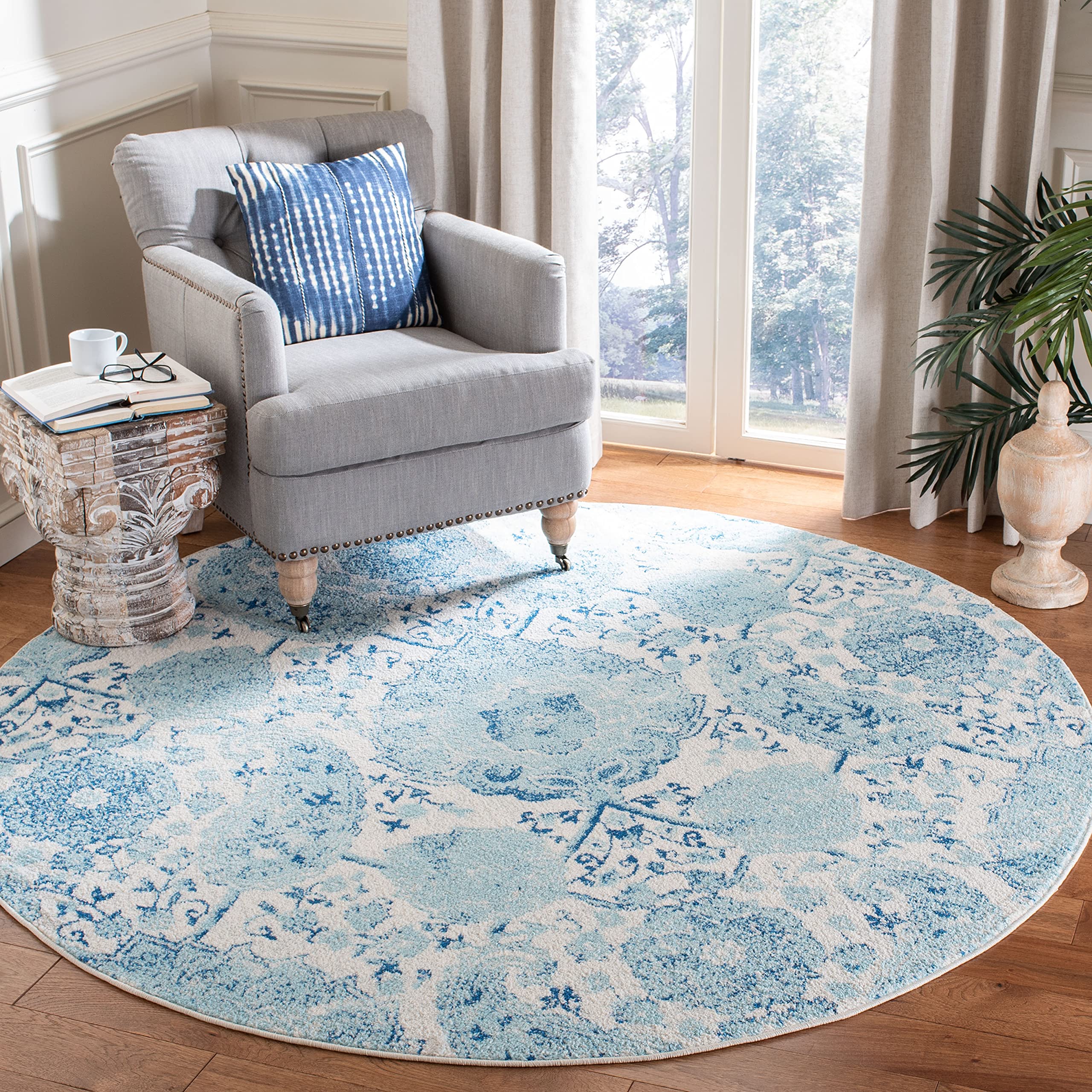 SAFAVIEH Madison Collection 67 Round Cream / Turquoise MAD600E Boho Chic Glam Paisley Non-Shedding Dining Room Entryway Foyer L