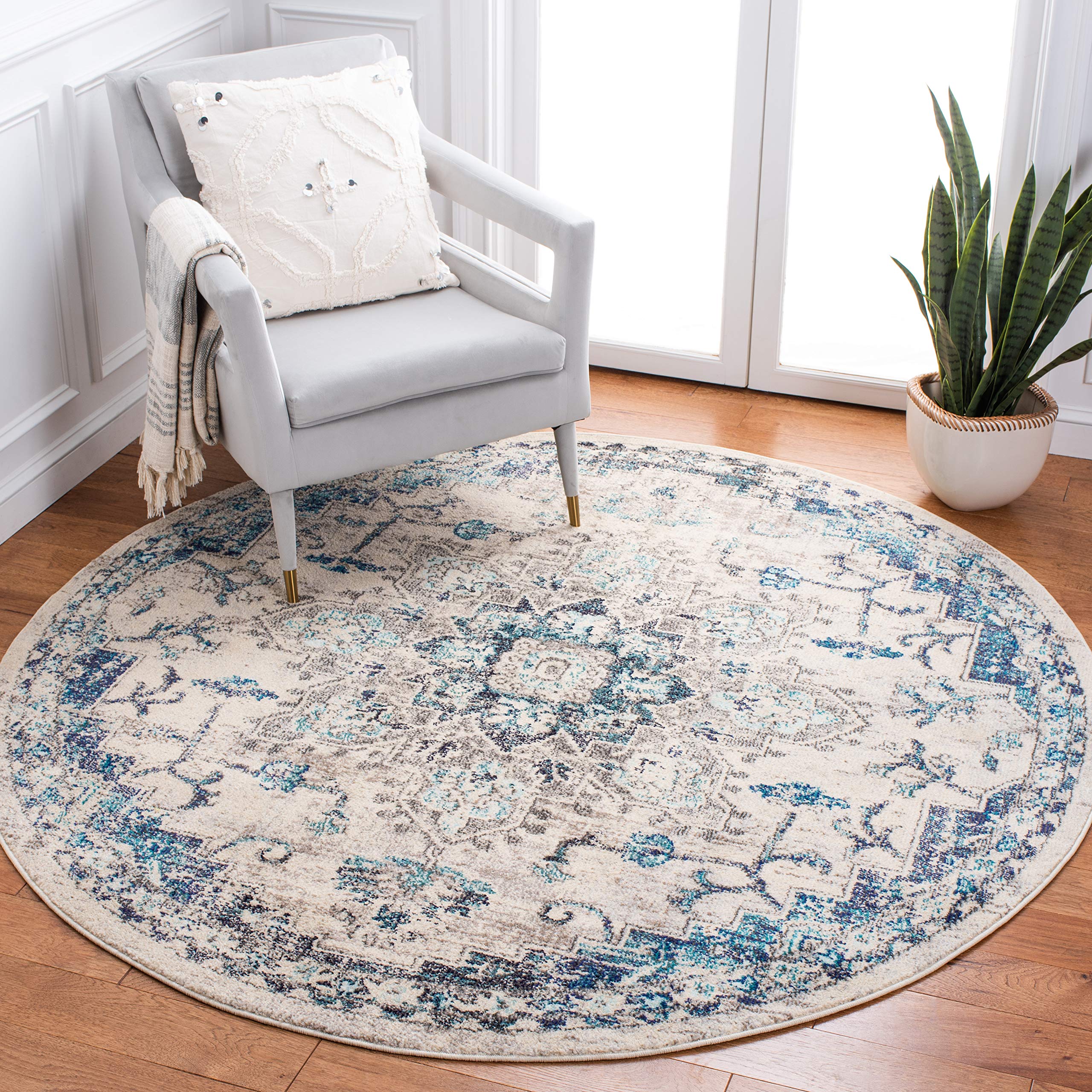 SAFAVIEH Madison Collection Area Rug - 8 Round, Ivory & Grey, Boho Chic Medallion Distressed Design, Non-Shedding & Easy Care, 