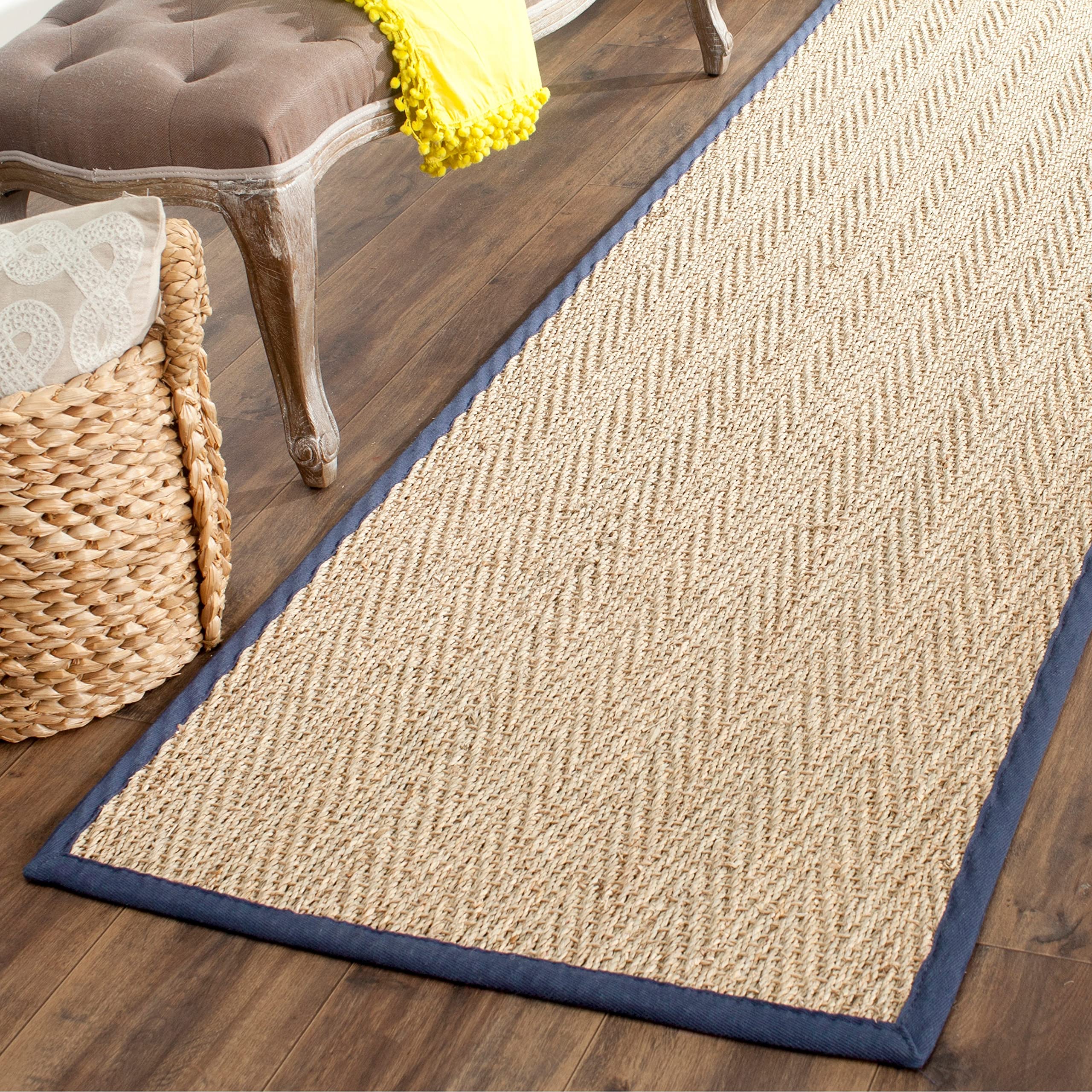 Safavieh Natural Fiber Collection Runner Rug - 26 x 14, Natural & Blue, Border Herringbone Seagrass Design, Easy Care, Ideal f