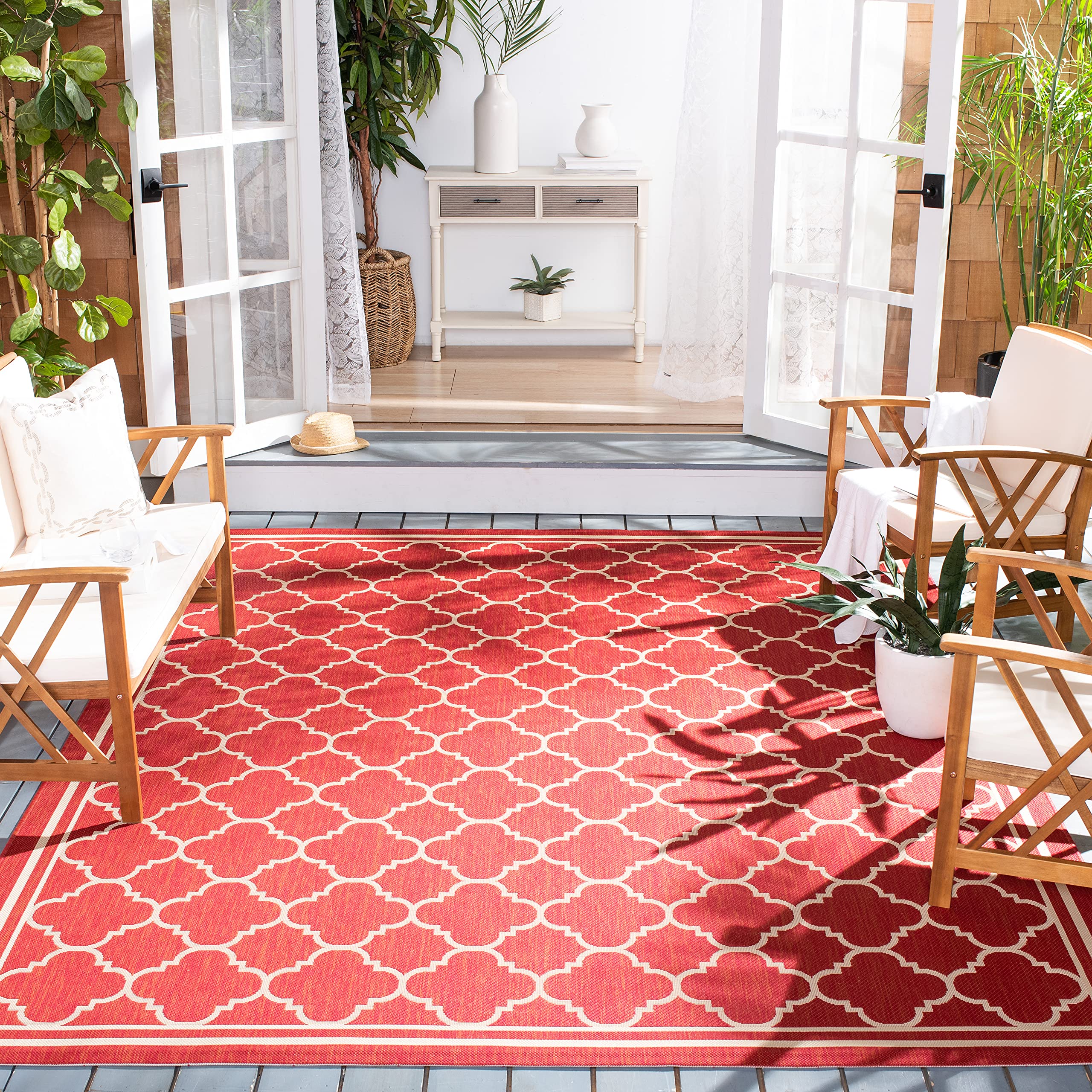 SAFAVIEH Courtyard Collection Area Rug - 10 x 14, Red & Bone, Non-Shedding & Easy Care, Indoor/Outdoor & Washable-Ideal for Pa