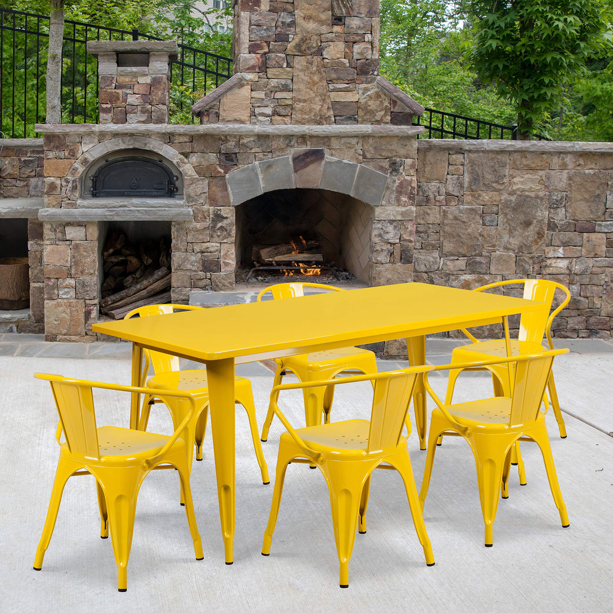 Flash Furniture Commercial Grade 31.5&quot; x 63&quot; Rectangular Yellow Metal Indoor-Outdoor Table Set with 6 Arm Chairs