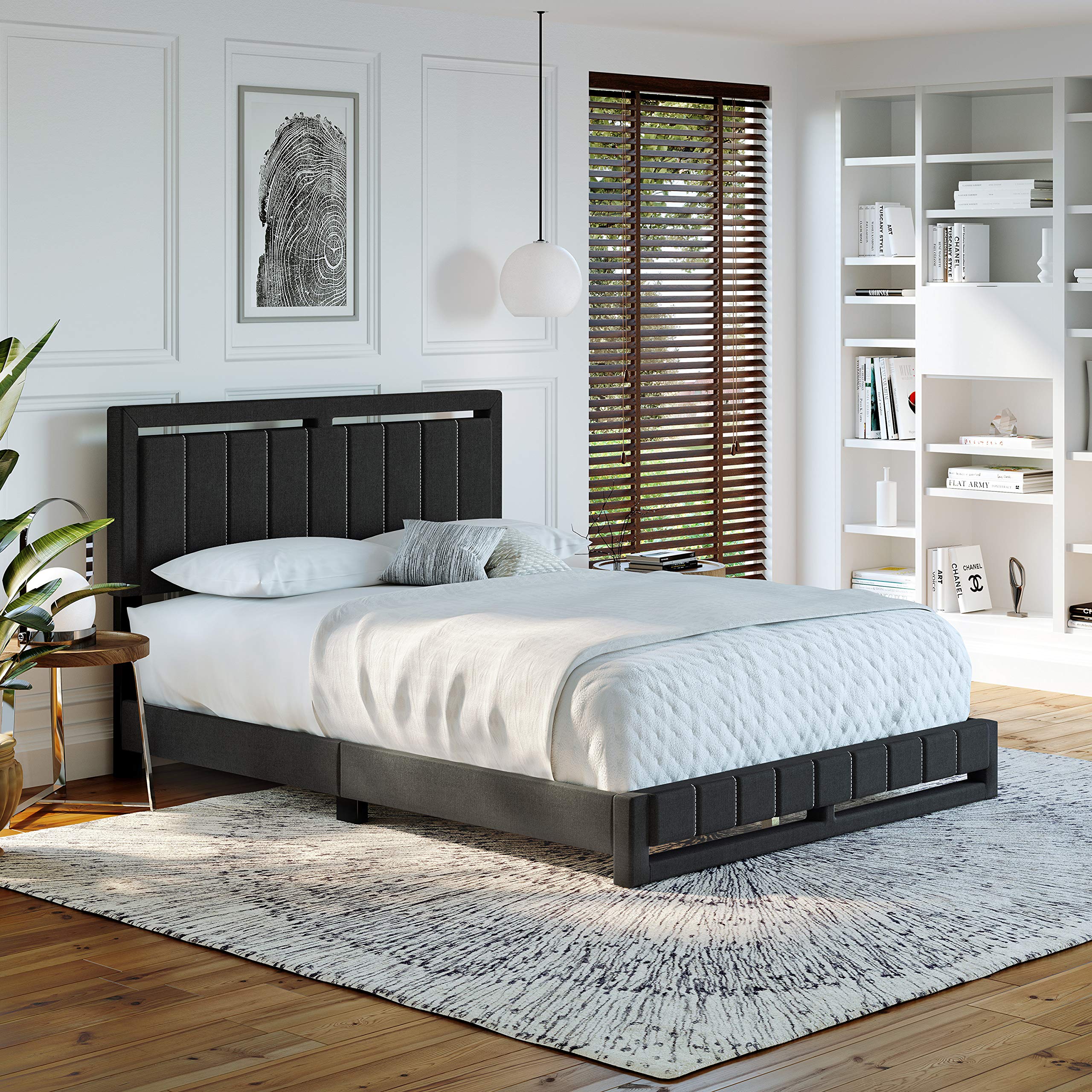 Boyd Sleep Senata Upholstered Platform Bed with Headboard and Durable Mattress Foundation with Strong 14 Wood Slat Supports, No BoxSpring Required: Queen, Black, Charcoal