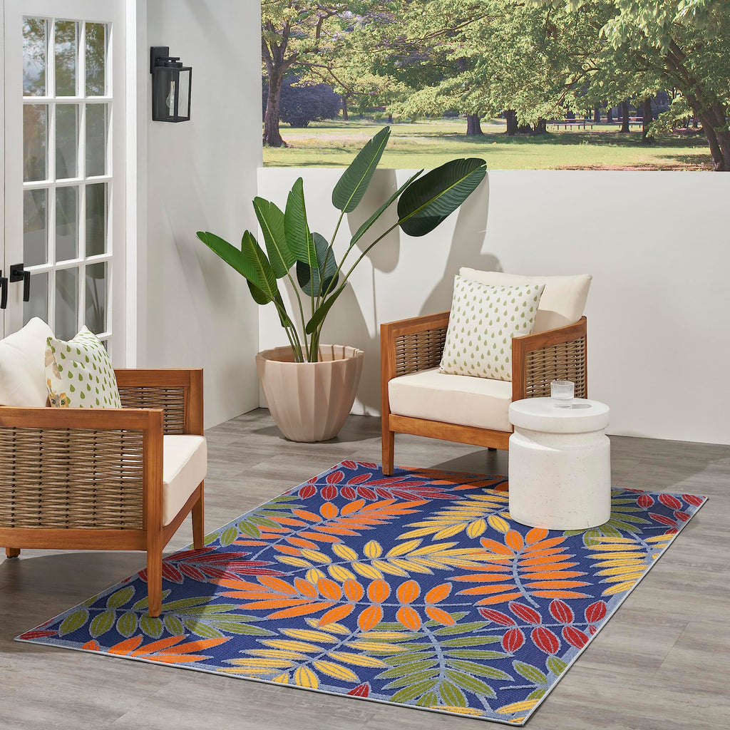 Nourison Aloha Indoor-Outdoor Navy Multicolor 6' X 9' Area Rug, Easy Cleaning, Non Shedding, Bed Room, Living Room, Dining Room, Backyard, Deck, Patio (6X9)