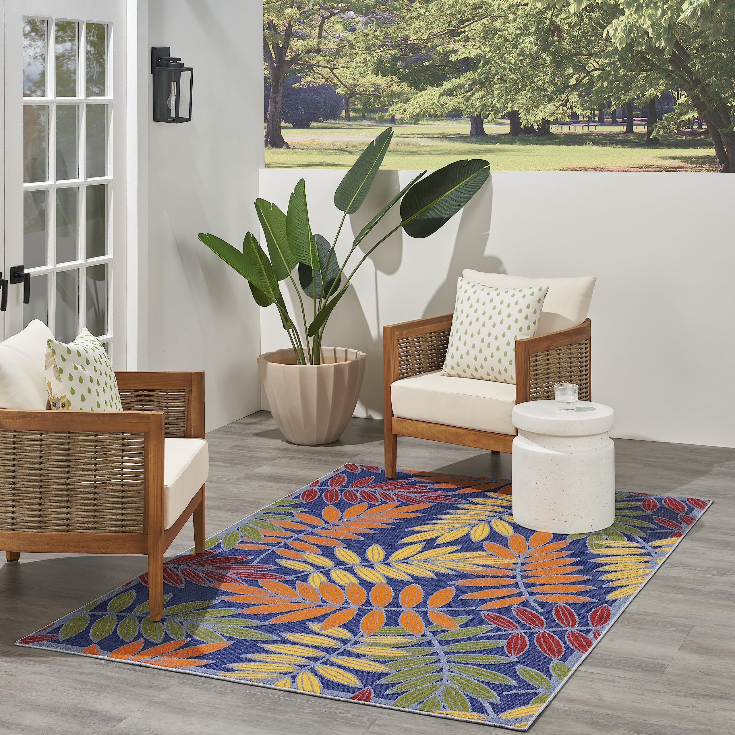 Nourison Aloha Indoor-Outdoor Navy Multicolor 6' X 9' Area Rug, Easy Cleaning, Non Shedding, Bed Room, Living Room, Dining Room, Backyard, Deck, Patio (6X9)