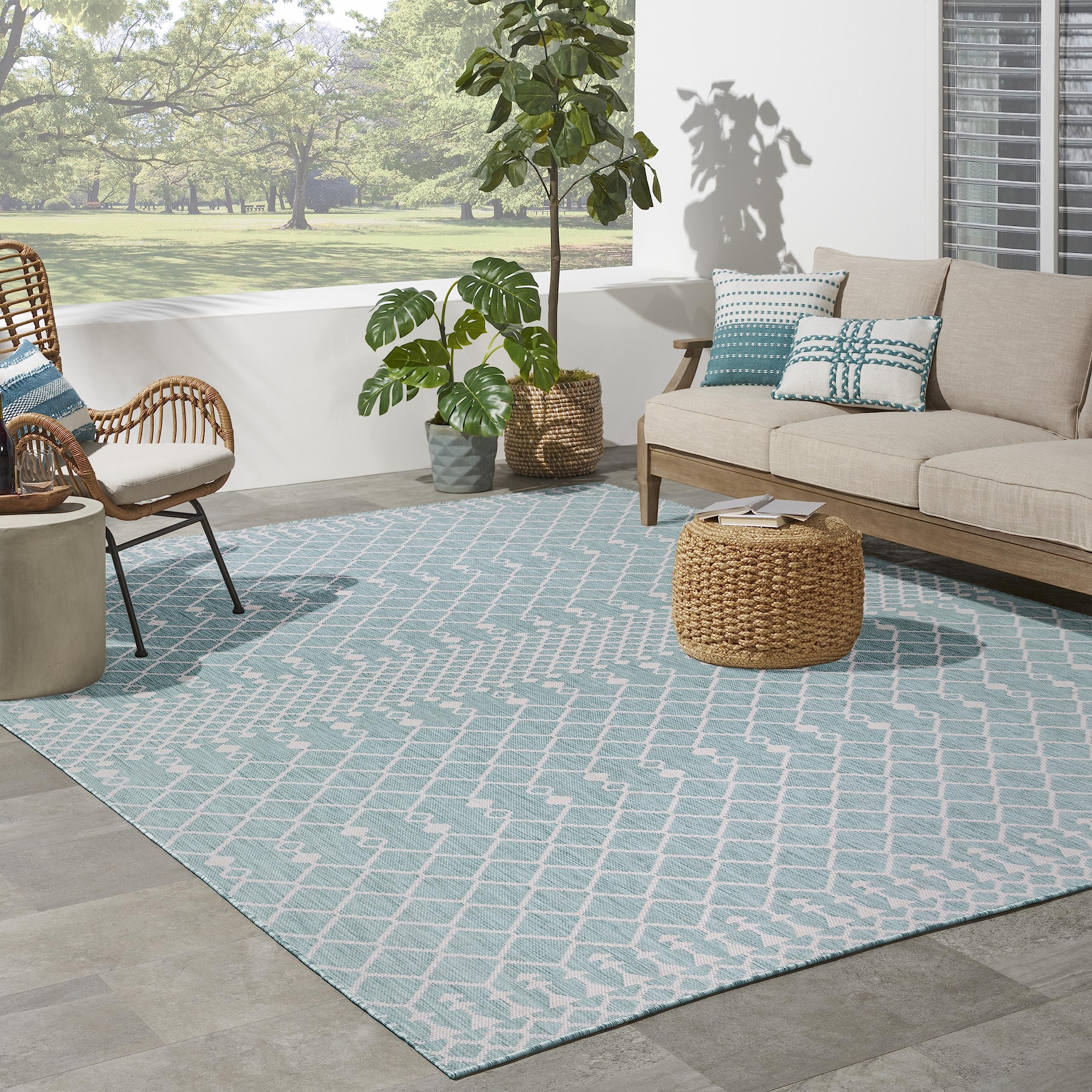 Nourison Positano Indoor/Outdoor Aqua 8' X 10' Area Rug, Easy Cleaning, Non Shedding, Bed Room, Living Room, Dining Room, Backyard, Deck, Patio (8X10)