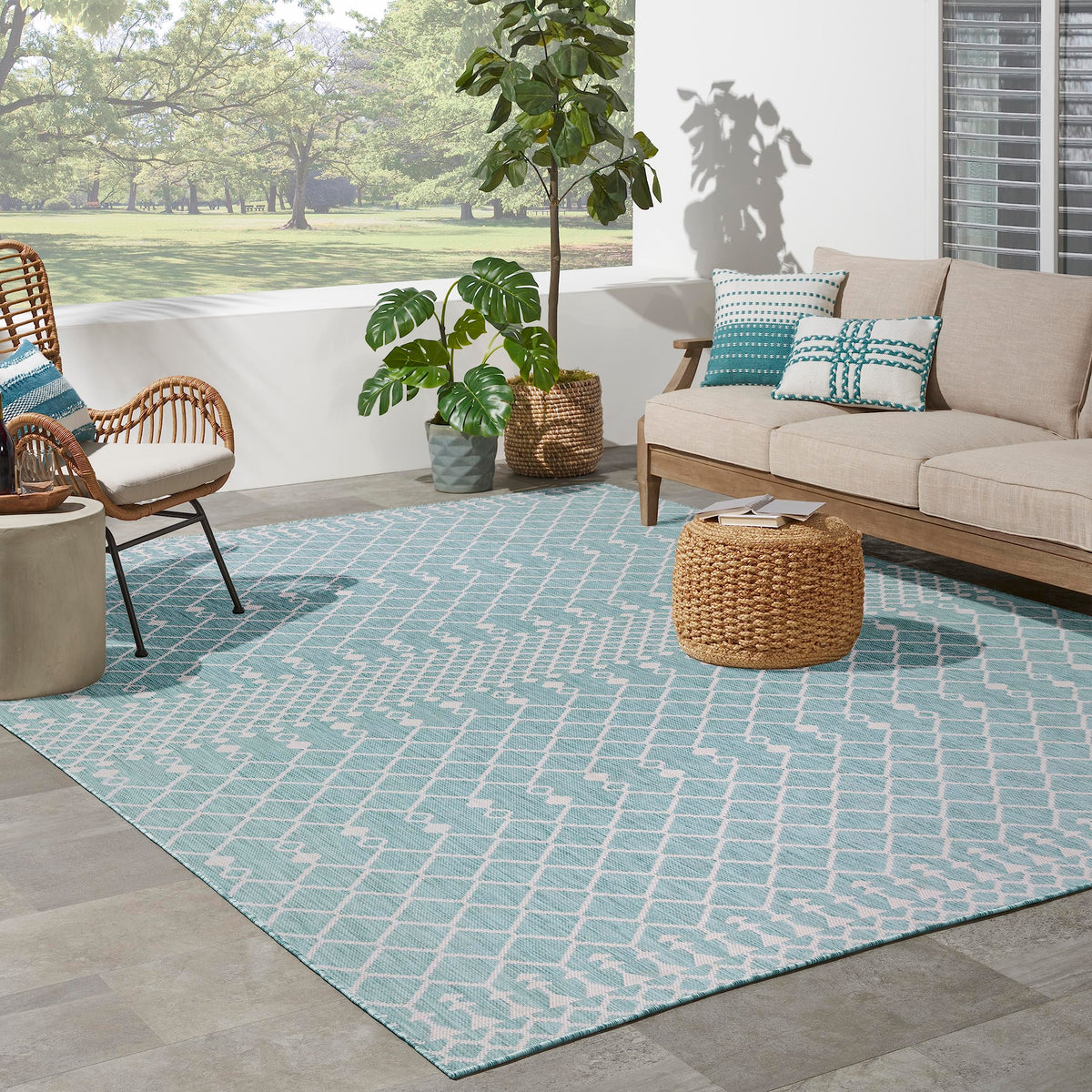 Nourison Positano Indoor/Outdoor Aqua 8' X 10' Area Rug, Easy Cleaning, Non Shedding, Bed Room, Living Room, Dining Room, Backyard, Deck, Patio (8X10)